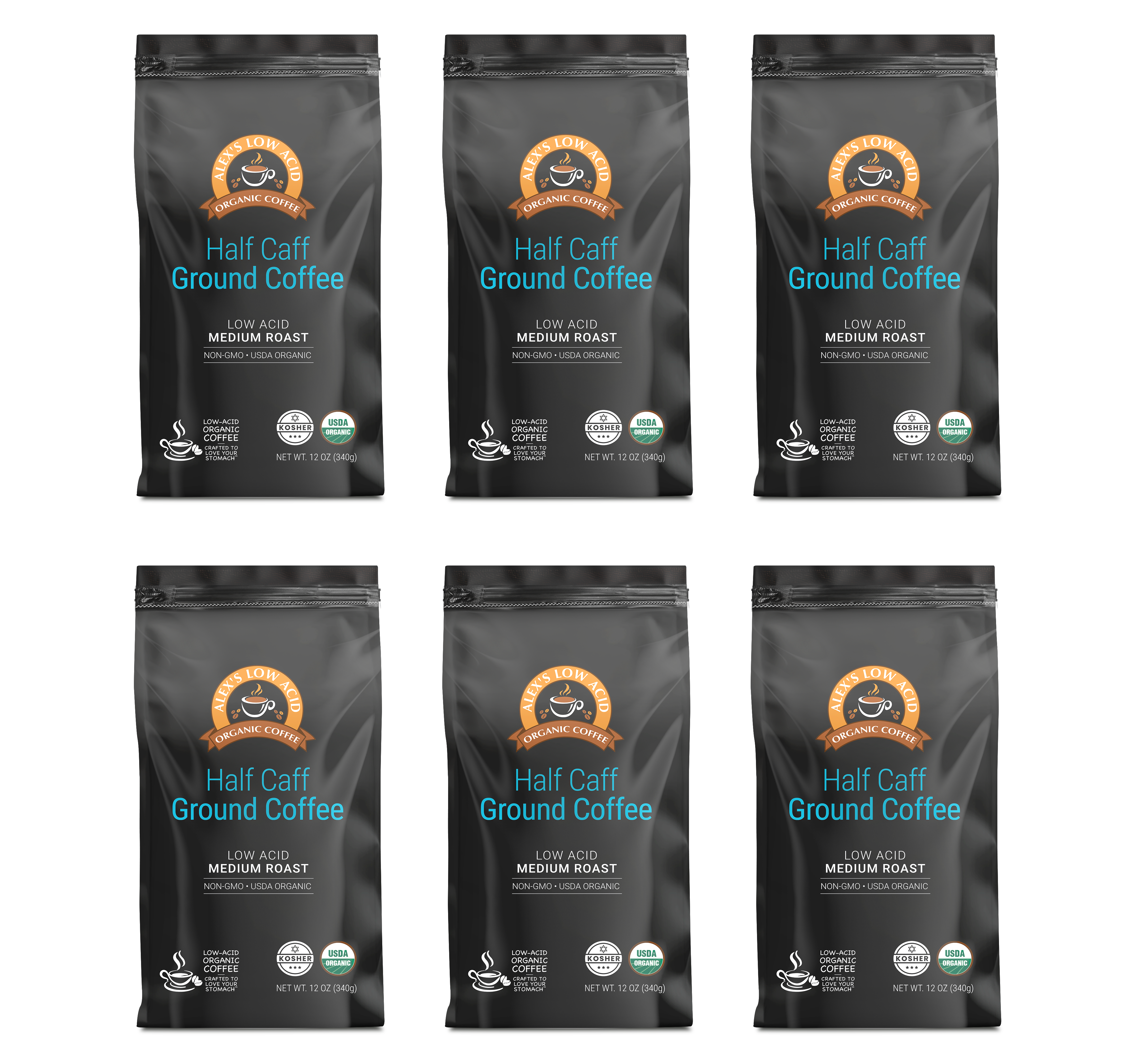 Alex's Low Acid Organic Coffee™ - Half Caff Fresh Ground (12oz)
