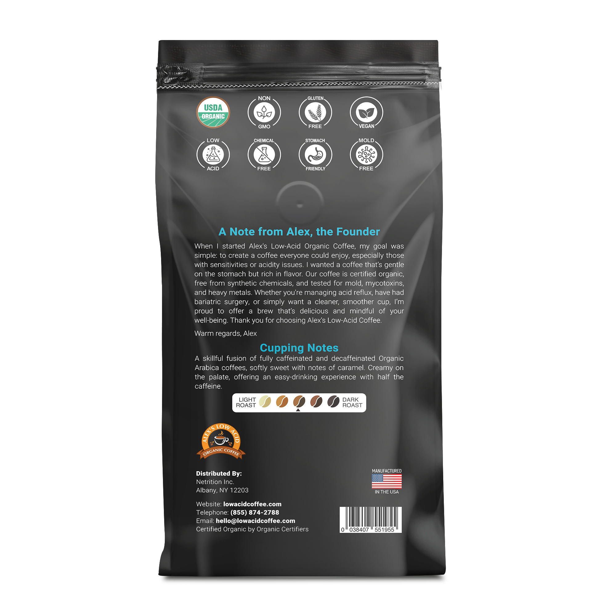 Alex's Low Acid Organic Coffee™ - Half Caff Fresh Ground (12oz)