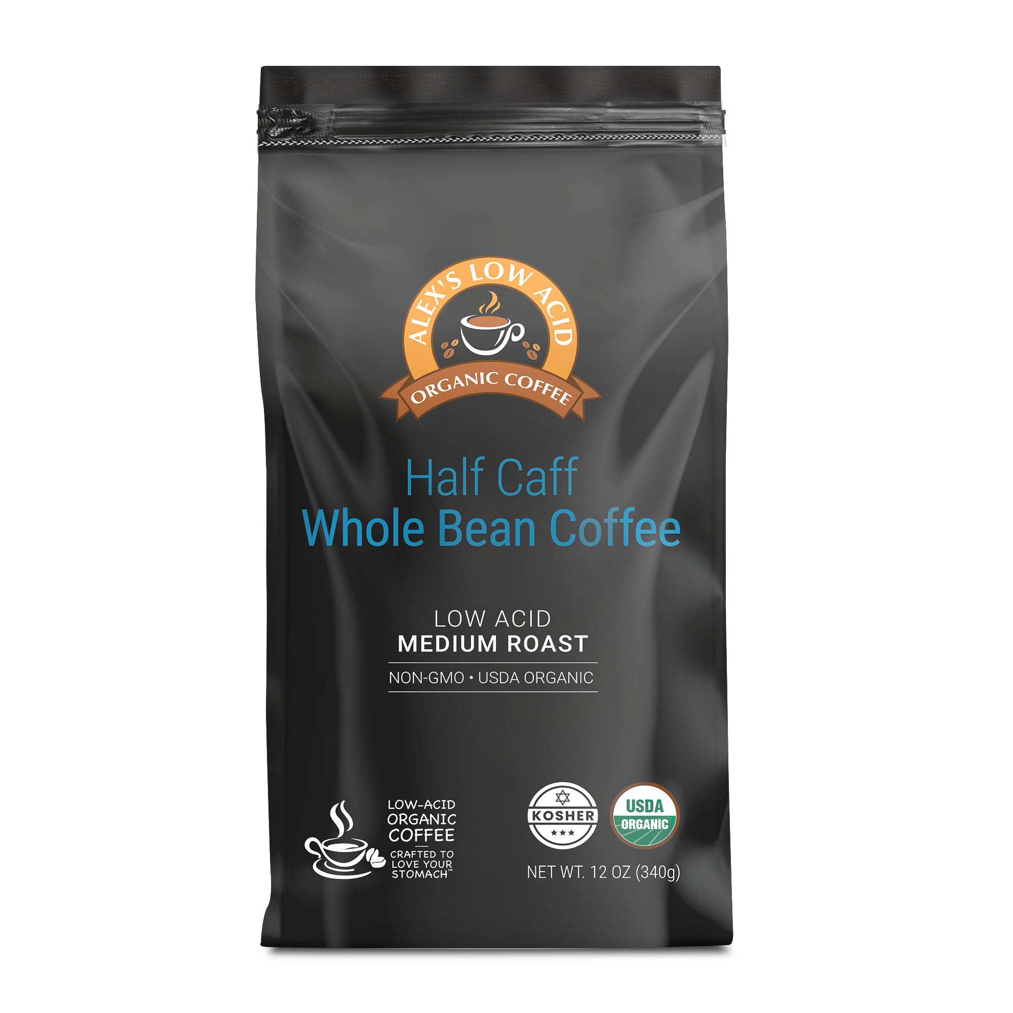 Alex's Low Acid Organic Coffee™ - Half Caff Whole Bean (12oz)