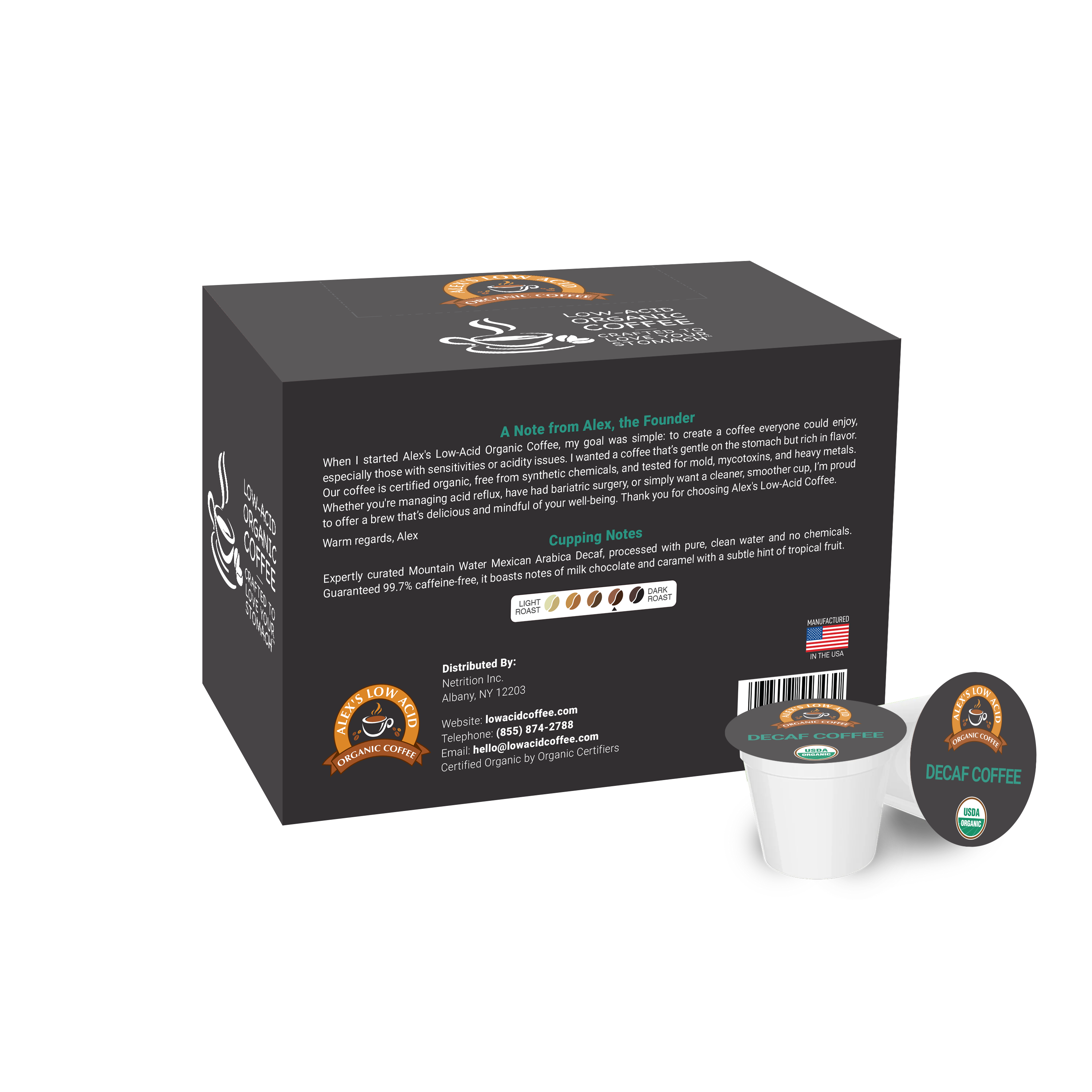 A black box of Alex's Low-Acid Organic Coffee features a note from the founder, details about the decaf coffee inside, and highlights its organic and chemical-free qualities, with a coffee pod displayed beside it.