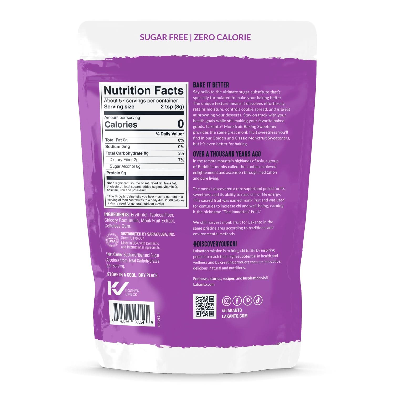 A purple packaging of Lakanto Monkfruit Baking Sweetener displays nutrition facts, ingredients, and a description highlighting its sugar-free, zero-calorie benefits for baking and health.
