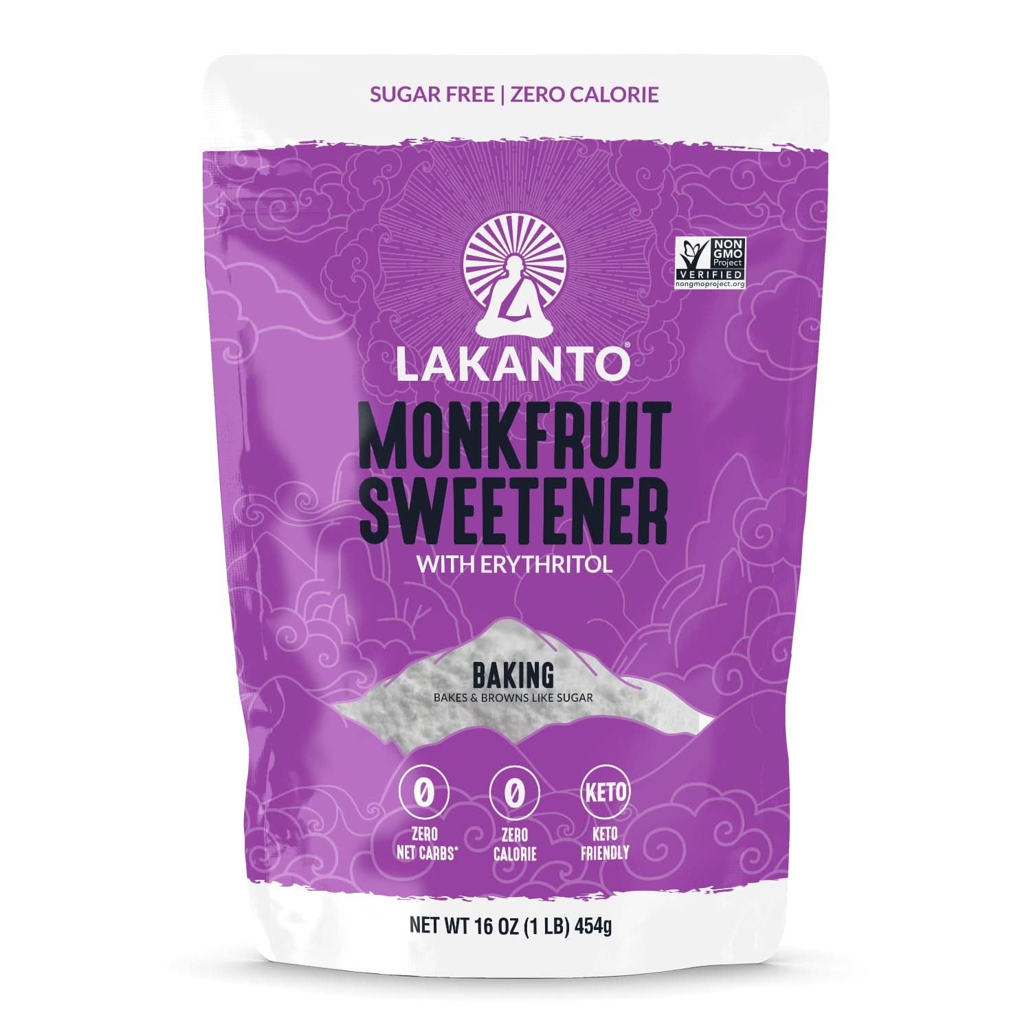 A purple bag of Lakanto Monkfruit Sweetener with Erythritol, labeled as sugar-free and zero-calorie, features baking instructions and highlights its keto-friendly attributes.