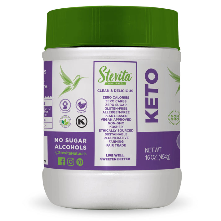 A white container with a green lid labeled "Stevita Keto" features various health claims, including "zero calories" and "gluten-free," alongside a bird logo and social media icons.