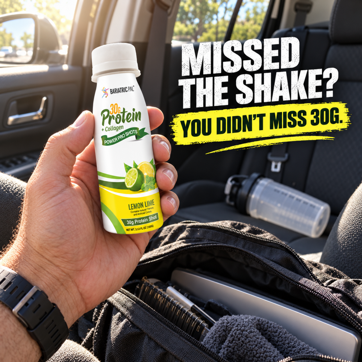 BariatricPal Lemon Lime Power Pro Shot with 30 grams of protein plus collagen in a 3.53-fluid-ounce serving.