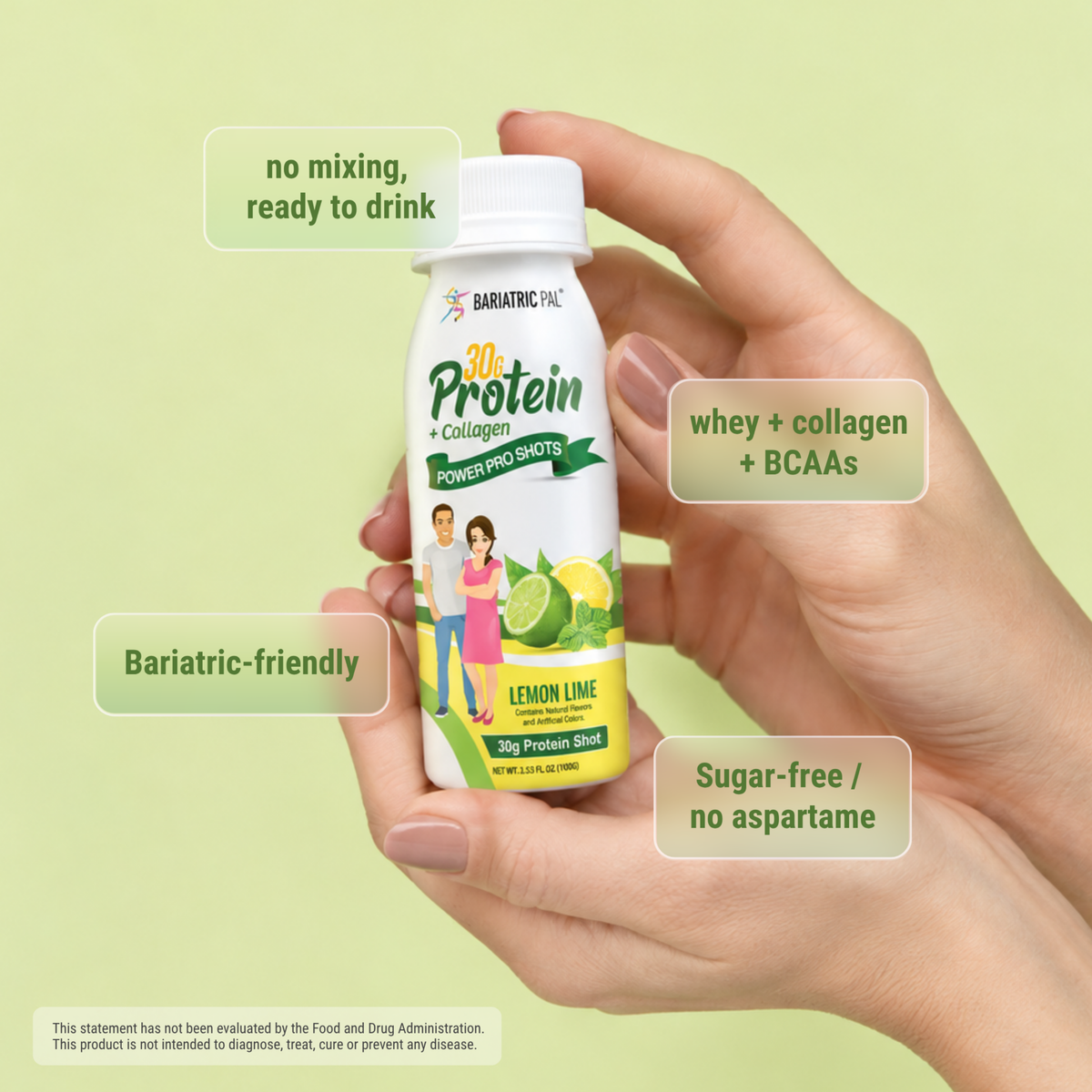 BariatricPal Lemon Lime Power Pro Shot with 30 grams of protein plus collagen in a 3.53-fluid-ounce serving.
