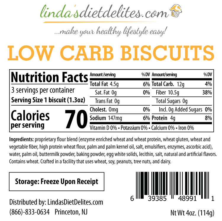 Nutrition label for low carb biscuits, detailing serving size, calories, and ingredients, highlighting low fat and high fiber content, with storage instructions at the bottom.