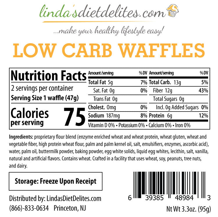 Nutrition label for low carb waffles, detailing serving size, calories, and nutritional values, including ingredients and storage instructions, on a white background with a colorful logo.