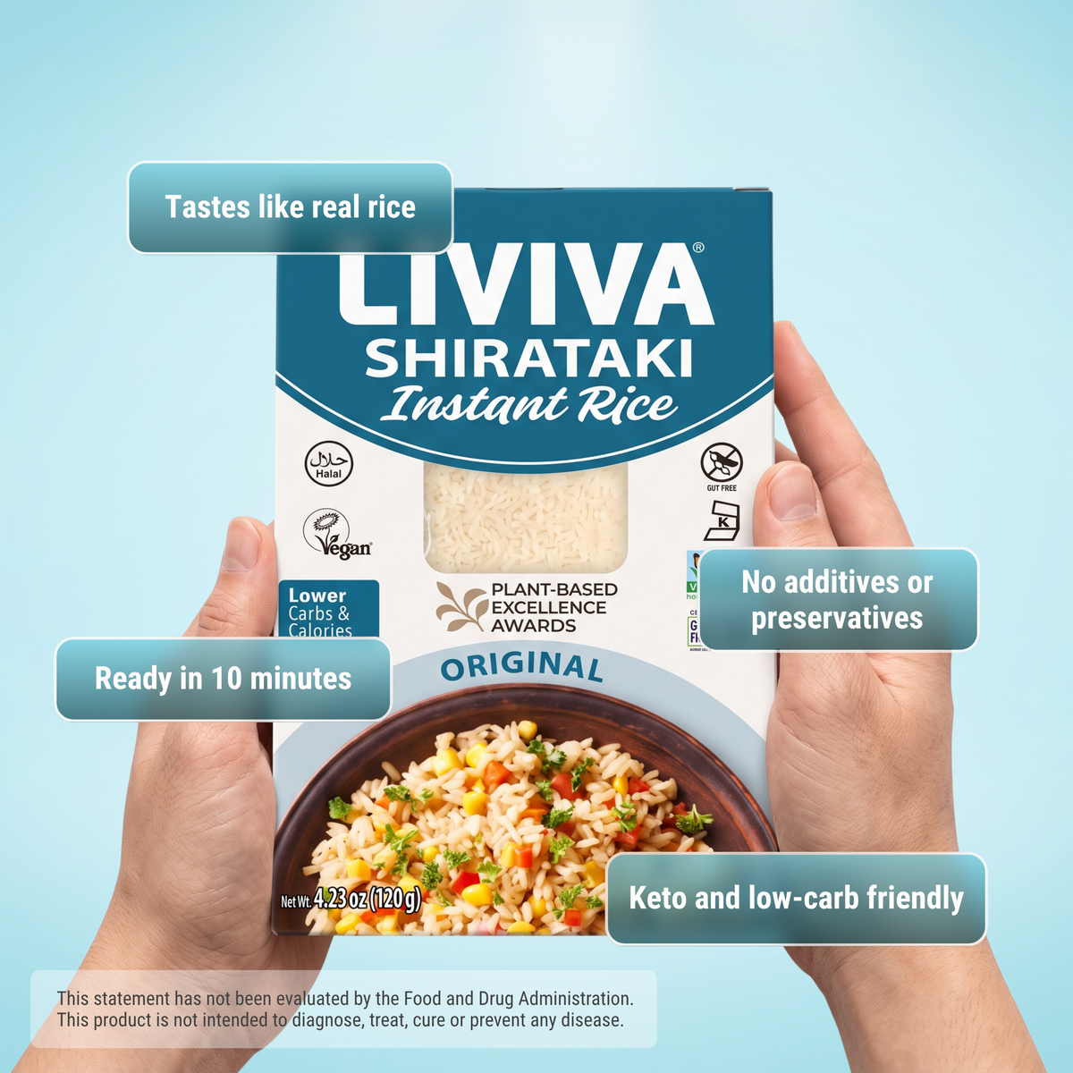 LIVIVA Original Shirataki Instant Rice, a lower-carb, lower-calorie rice alternative that is vegan, gluten-free, soy-free and non-GMO.