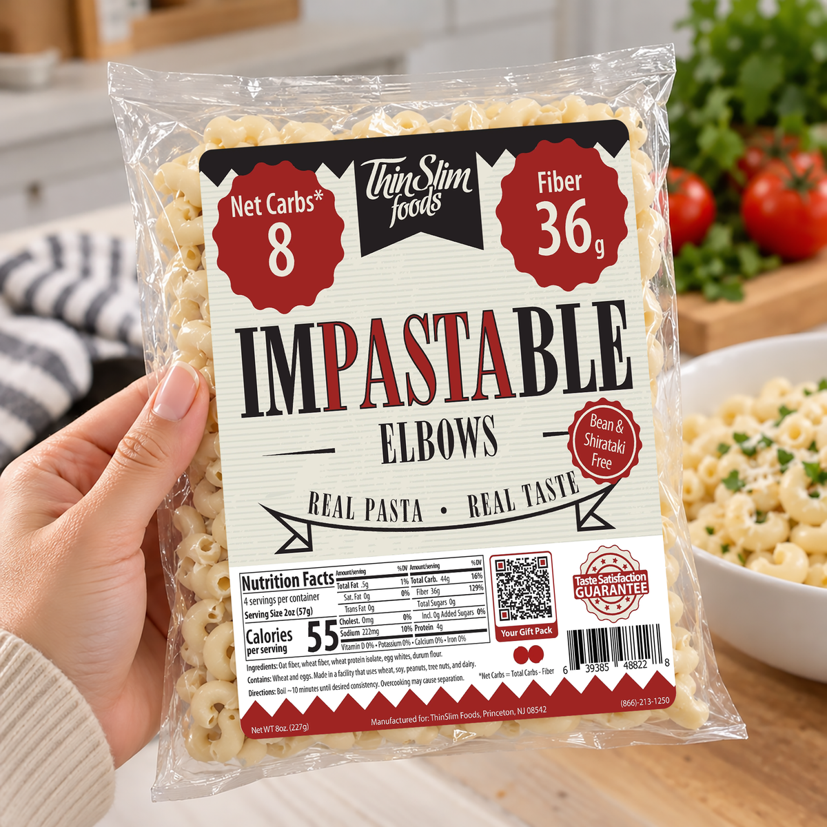 Impastable Elbow Pasta with 4g of protein and 55 calories.