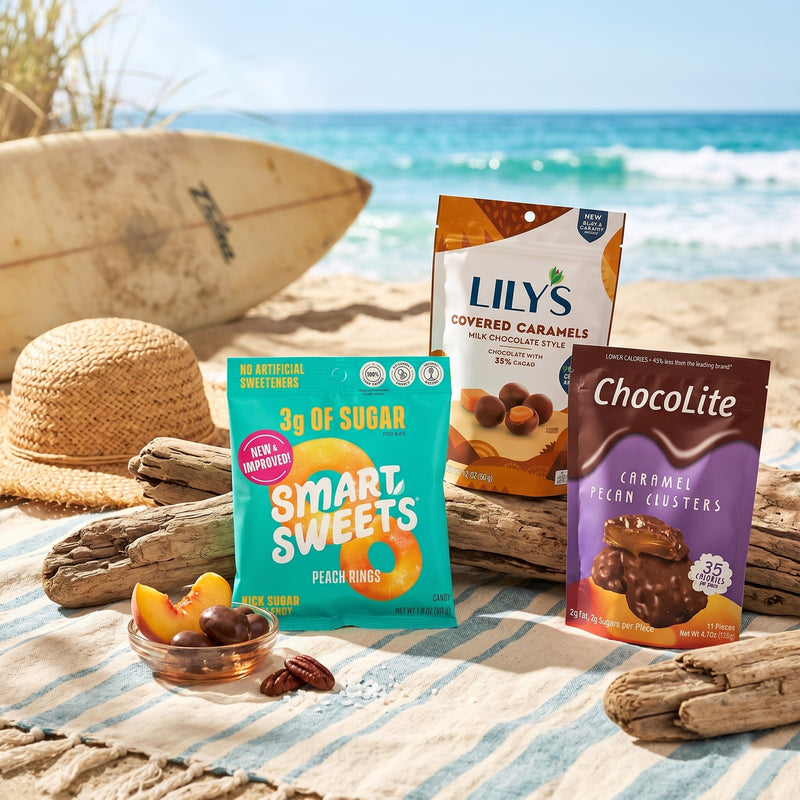 Snack packages on a beach with ocean view