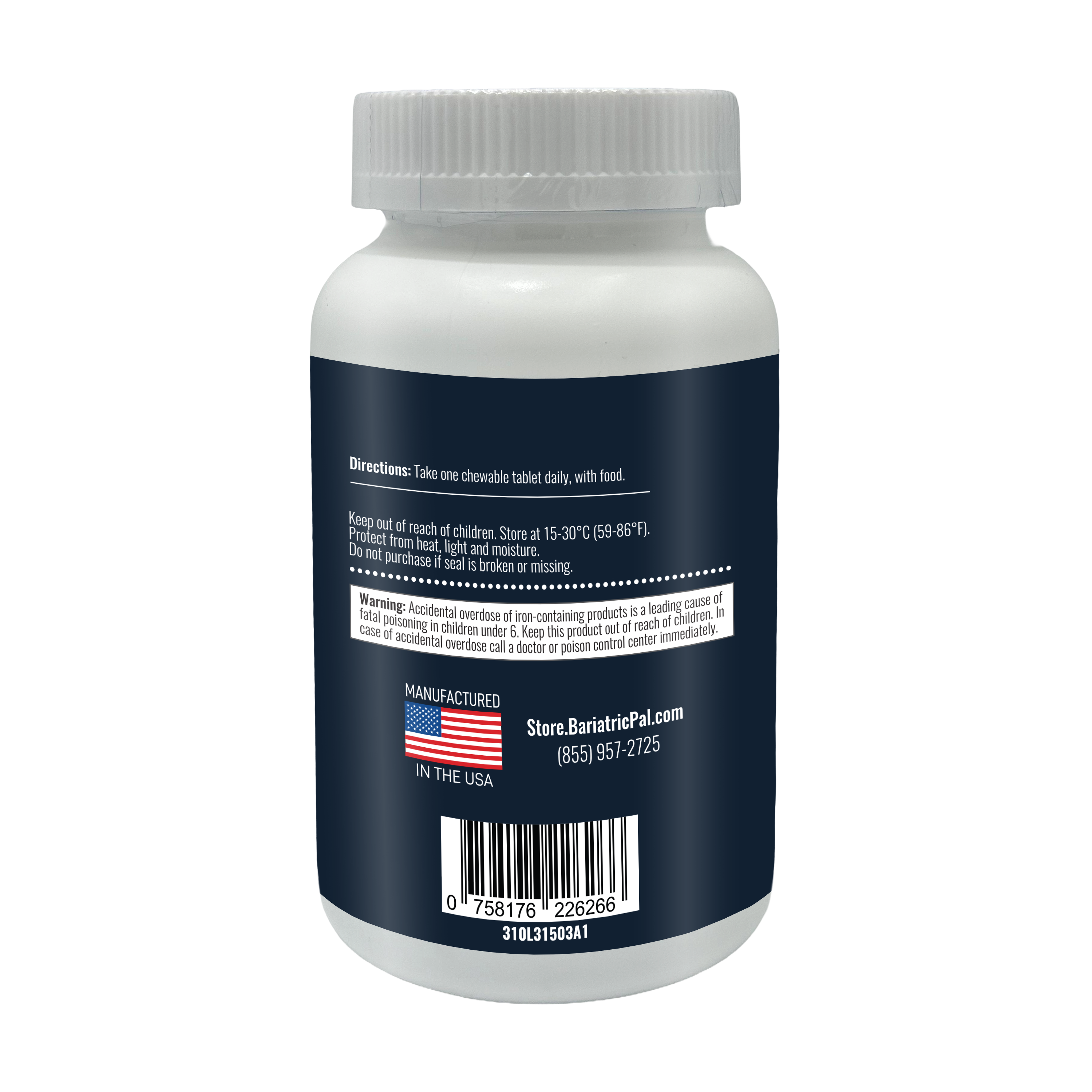 A white supplement bottle with a dark blue label displays directions for use, storage instructions, a warning about accidental overdose, and contact information, emphasizing safety and proper usage.