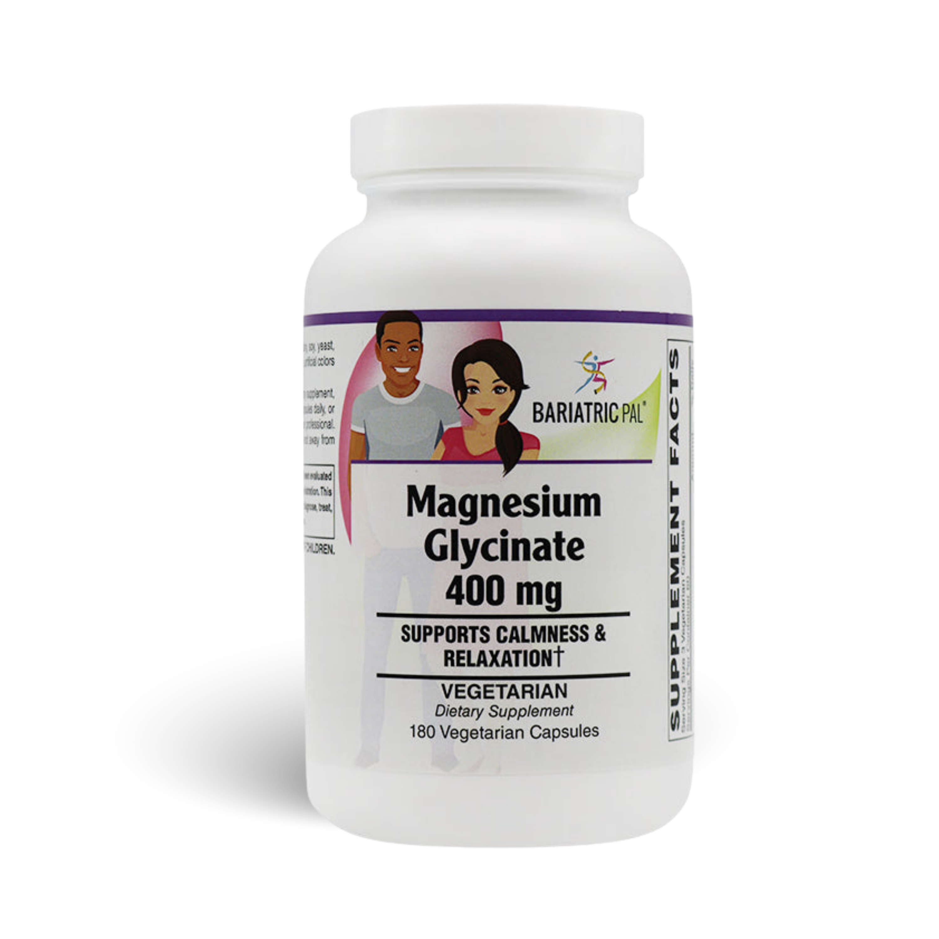 Bottle of BariatricPal Magnesium Glycinate 400 mg, formulated to support calmness and relaxation. Contains 180 vegetarian capsules.