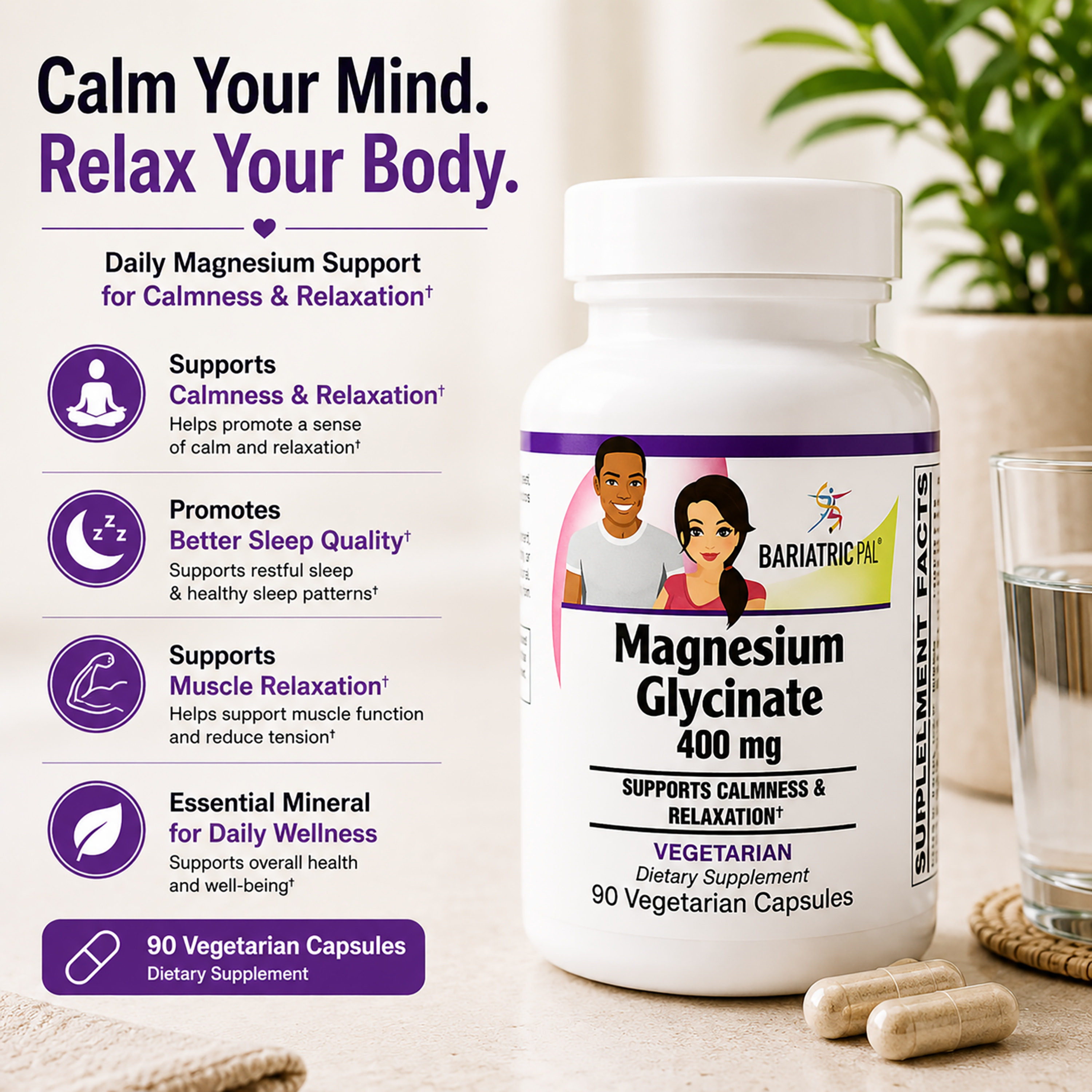 A bottle of Magnesium Glycinate dietary supplement is displayed on a light surface with two capsules beside it, accompanied by a glass of water and text highlighting its benefits for calmness and relaxation.