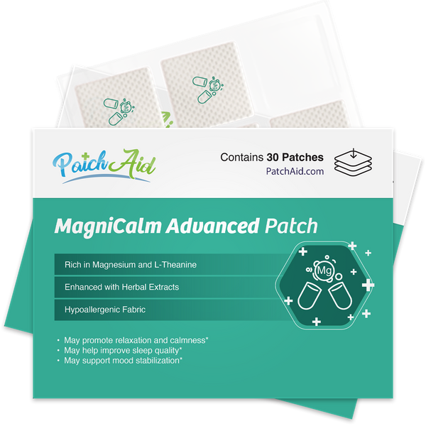 A product package for MagniCalm Advanced Patch displays 30 patches, highlighting benefits like relaxation, sleep quality improvement, and mood stabilization, with a green and white design featuring herbal elements.