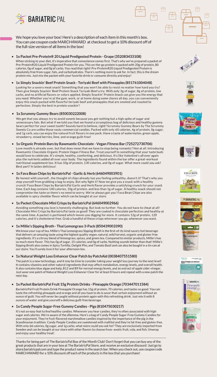 A colorful infographic lists various health-focused products in a subscription box, detailing items like protein drinks, snacks, and candies, along with descriptions and nutritional information for each.