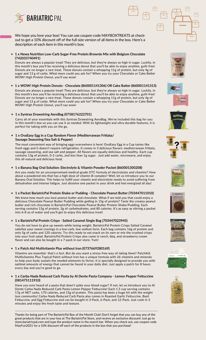 A colorful product description sheet lists various low-carb, high-protein food items and supplements, highlighting their features and benefits for a monthly subscription box from Bariatric Pal.