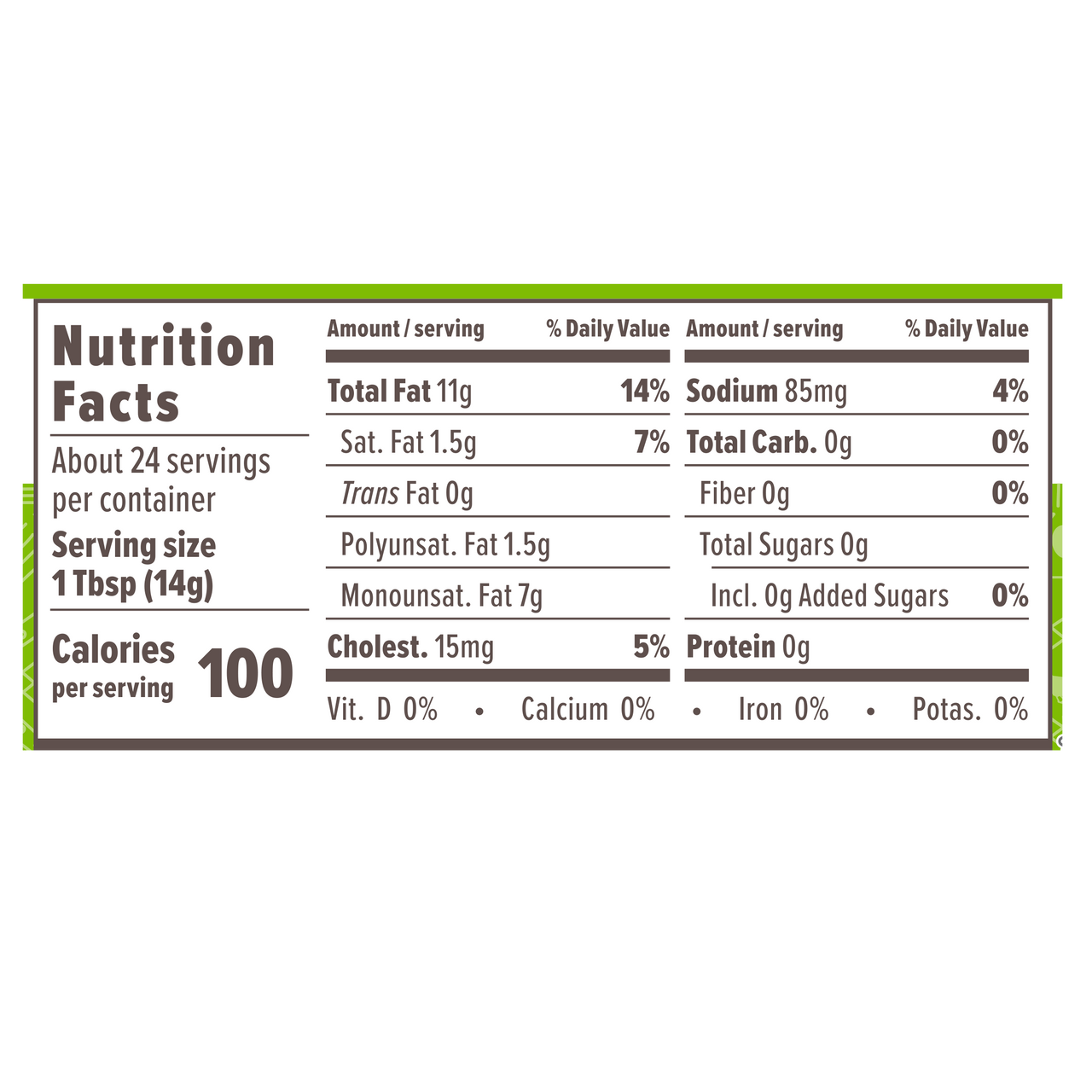 Nutrition facts label displaying serving size, calories, and detailed nutrient information, including total fat, sodium, carbohydrates, and protein content for a food product.