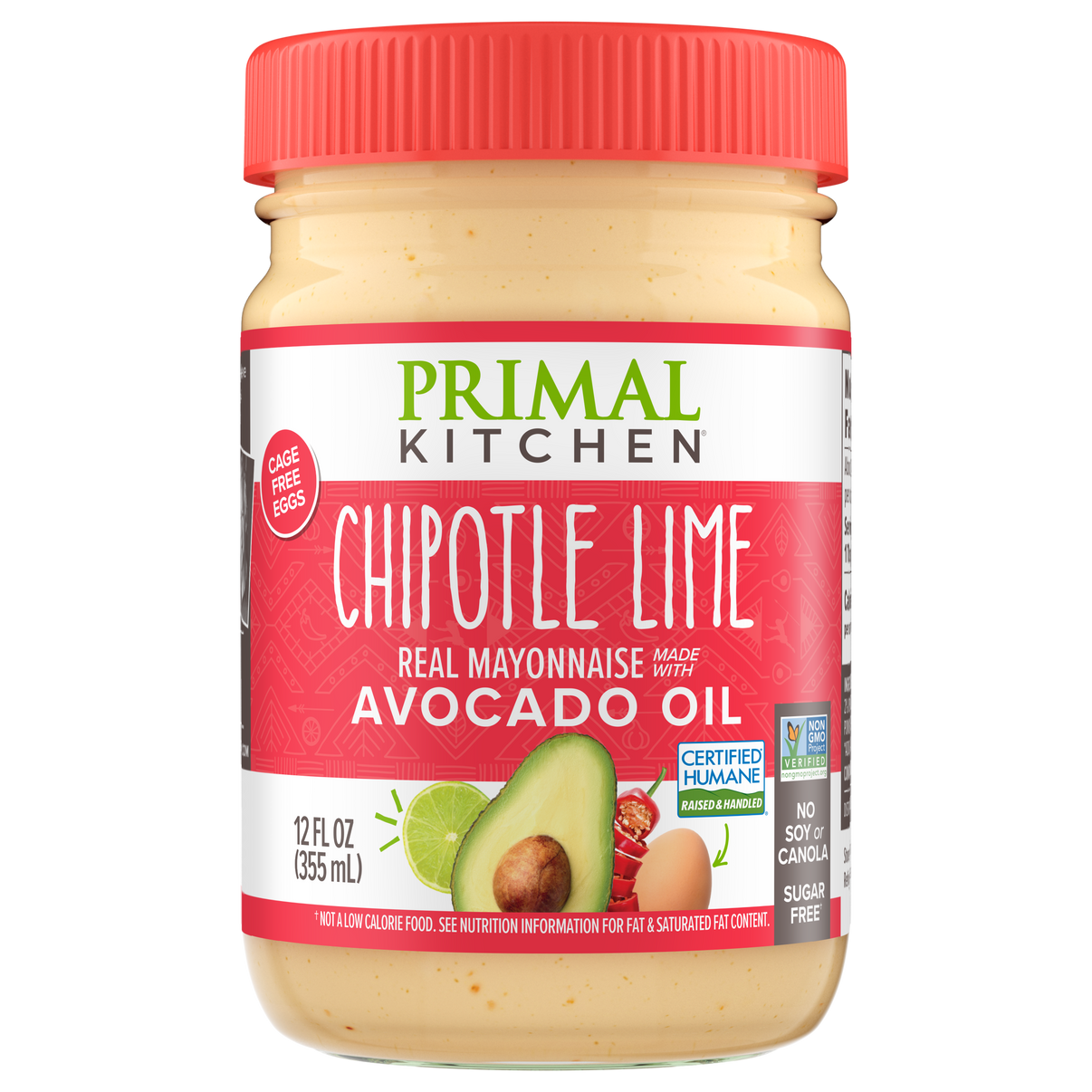 A jar of Primal Kitchen Chipotle Lime mayonnaise, featuring a red lid, displays the product name and highlights its ingredients, including avocado oil and cage-free eggs.