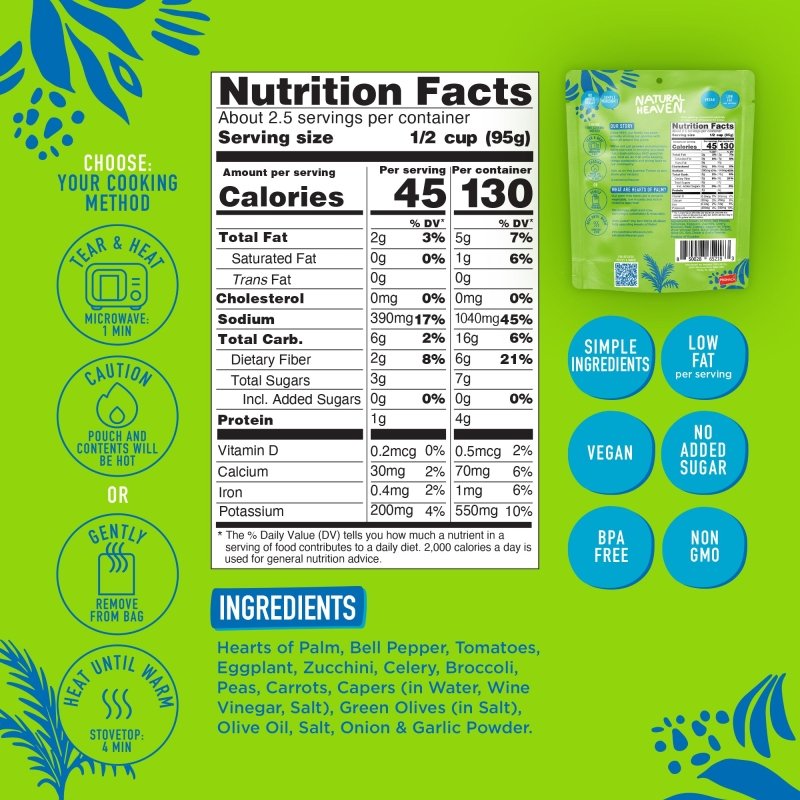 Nutrition facts label for a food product featuring ingredients like hearts of palm, bell pepper, and zucchini, with highlighted benefits such as low fat, vegan, and no added sugar, set against a vibrant green background.