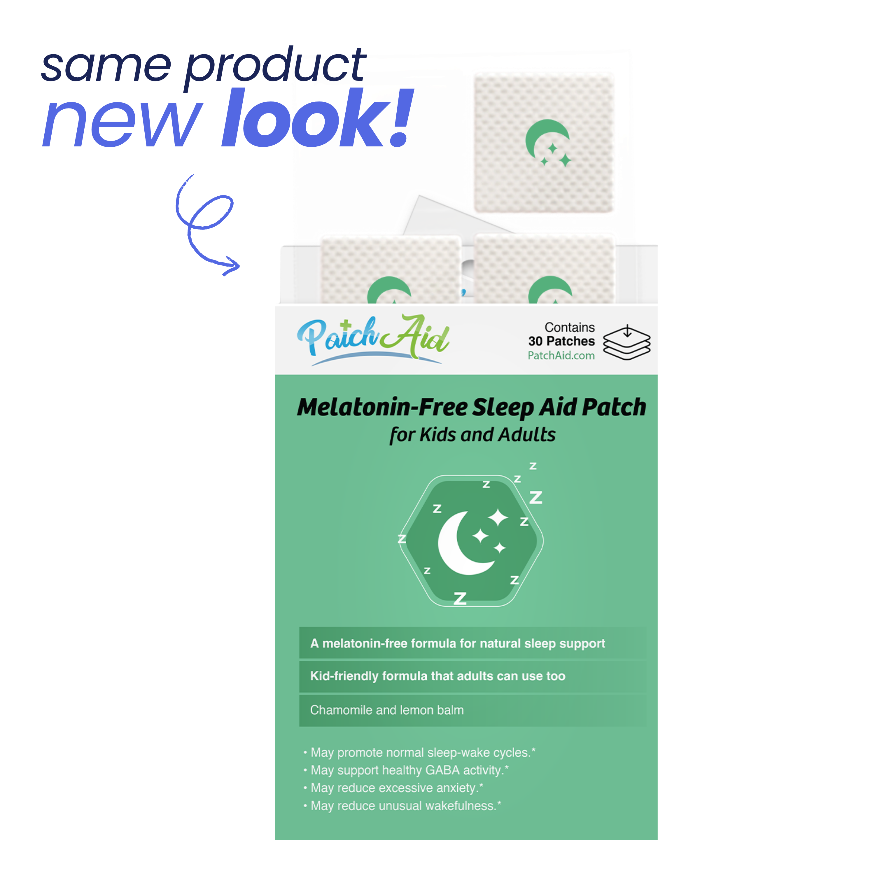 A package of melatonin-free sleep aid patches for kids and adults features a new design, highlighting benefits like promoting sleep cycles and reducing anxiety, with chamomile and lemon balm ingredients.