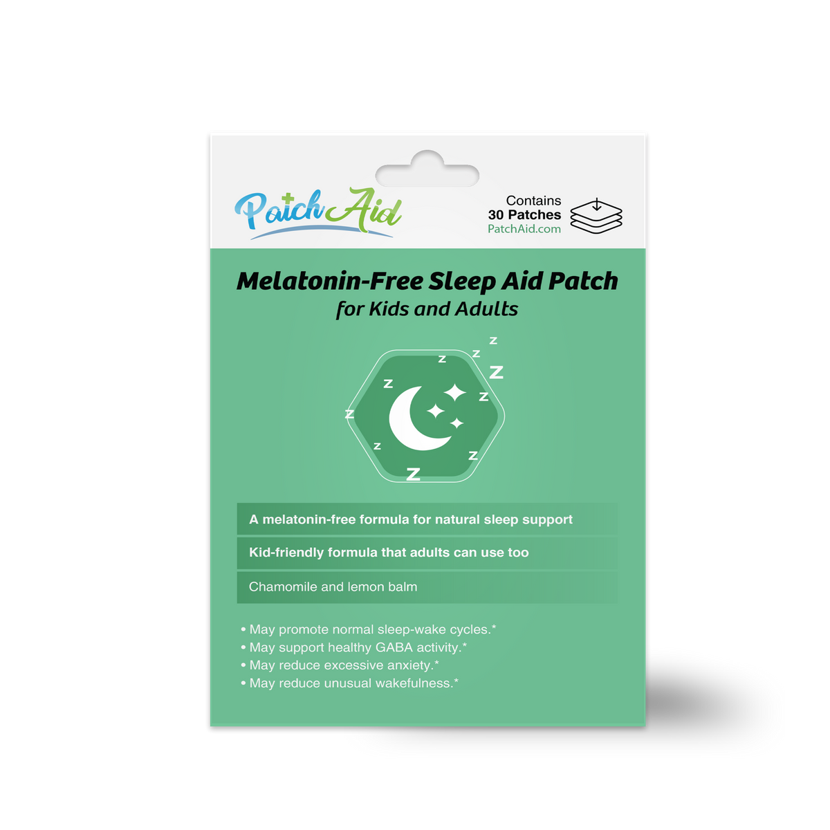 PatchAid Melatonin-Free Sleep Aid Patch for kids and adults with chamomile and lemon balm for natural sleep support. Contains 30 patches.