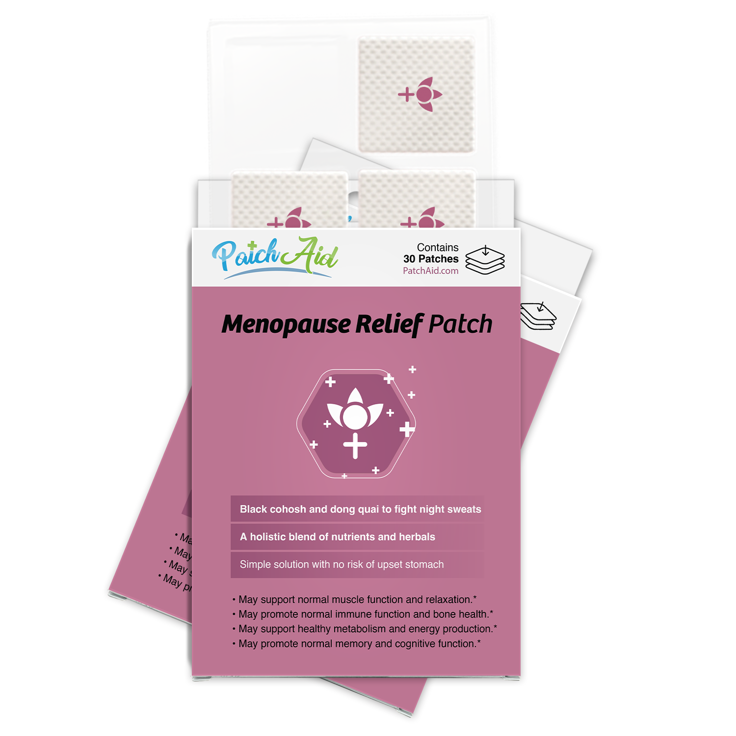 A package of menopause relief patches is displayed, featuring a pink design with a floral symbol, listing benefits and ingredients, and indicating it contains 30 patches for managing symptoms.