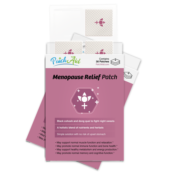 A package of menopause relief patches is displayed, featuring a pink design with a floral symbol, listing benefits and ingredients, and indicating it contains 30 patches for managing symptoms.