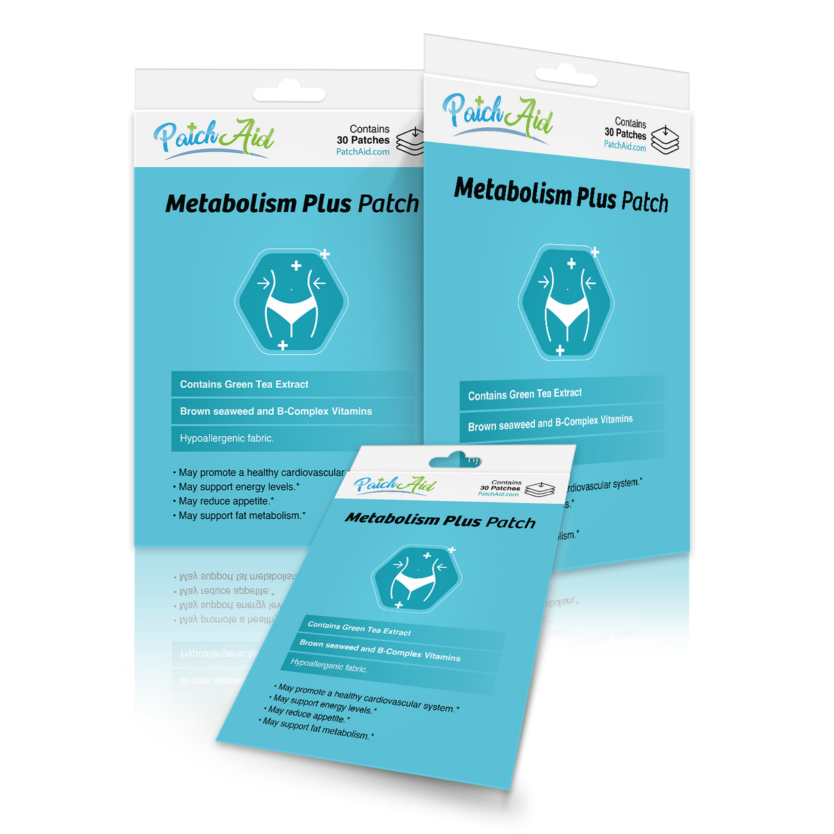 Three packages of "Metabolism Plus Patch" from PatchAid are displayed, featuring a blue design with icons and text highlighting ingredients like green tea extract and benefits for metabolism support.