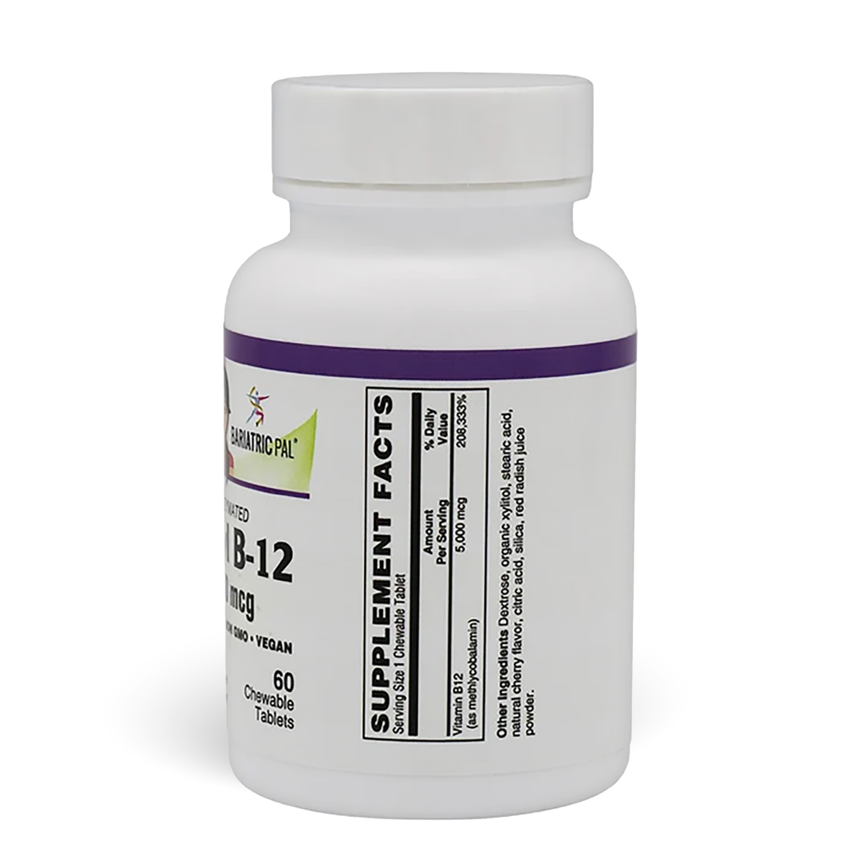 View of side bottle of Coenzymated 5,000mcg Methyl B-12 (60) Chewable Tablets by BariatricPal showcasing Supplement Facts.
