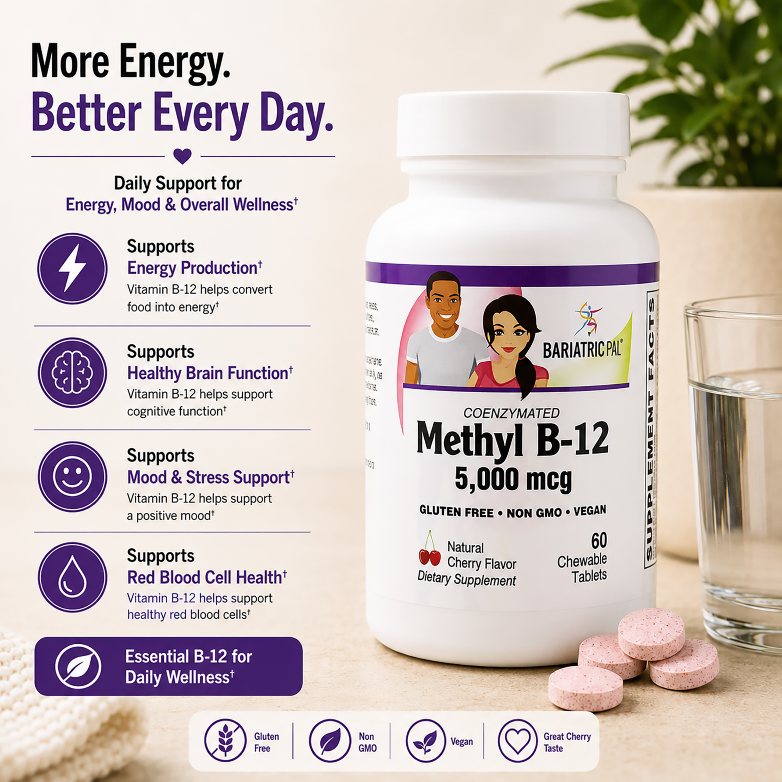 A bottle of BariatricPal Methyl B-12 5,000 mcg chewable dietary supplement tablets, shown alongside a glass of water, and a decorative background with informational text and icons 