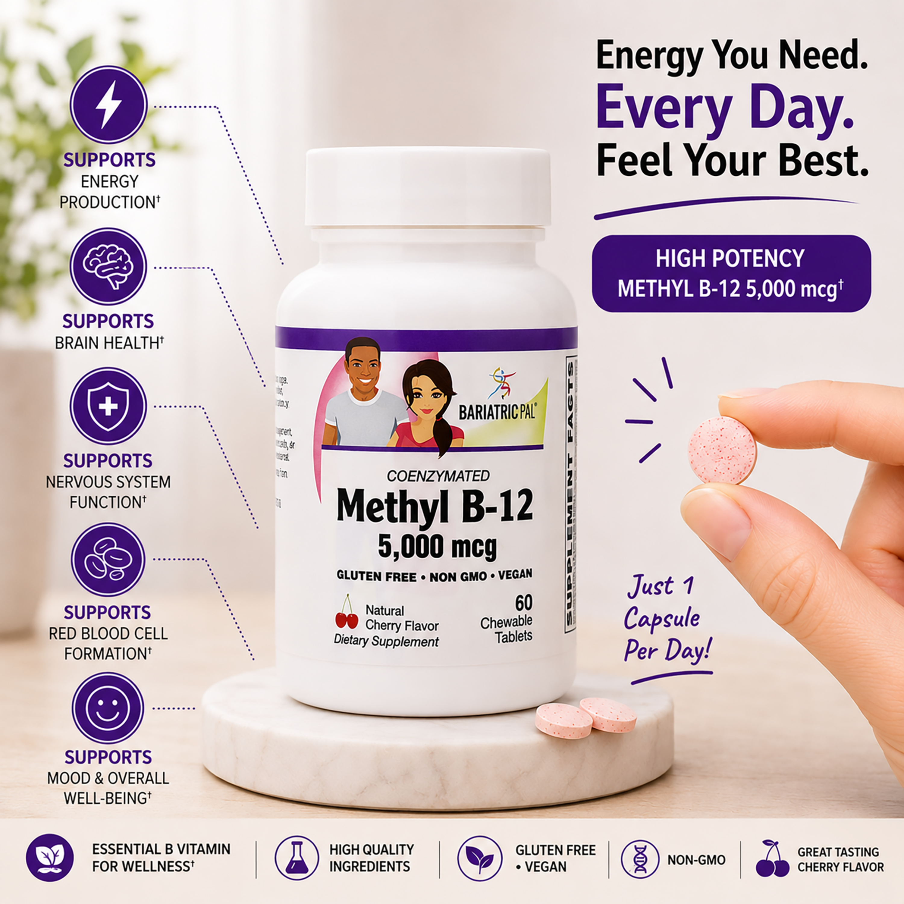 A bottle of BariatricPal Coenzyme Methyl B-12 5,000 mcg dietary supplement is shown on a white marble pedestal, with a hand holding a pink capsule. The image features promotional text, icons for benefits like energy production and brain health, and a bottom banner highlighting product features.