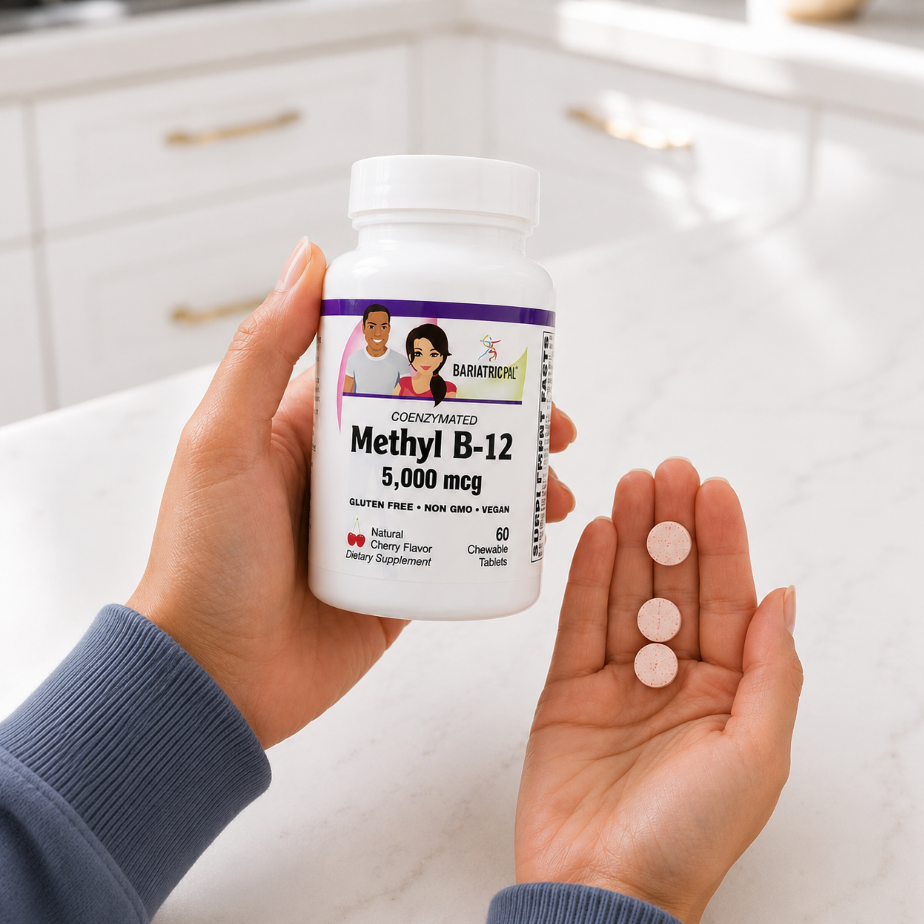 A person holds a white bottle of BariatricPal Coenzyme Methyl B-12 5,000 mcg dietary supplement in one hand while holding three pinkish-white cherry flavored chewable tablets in the other hand.