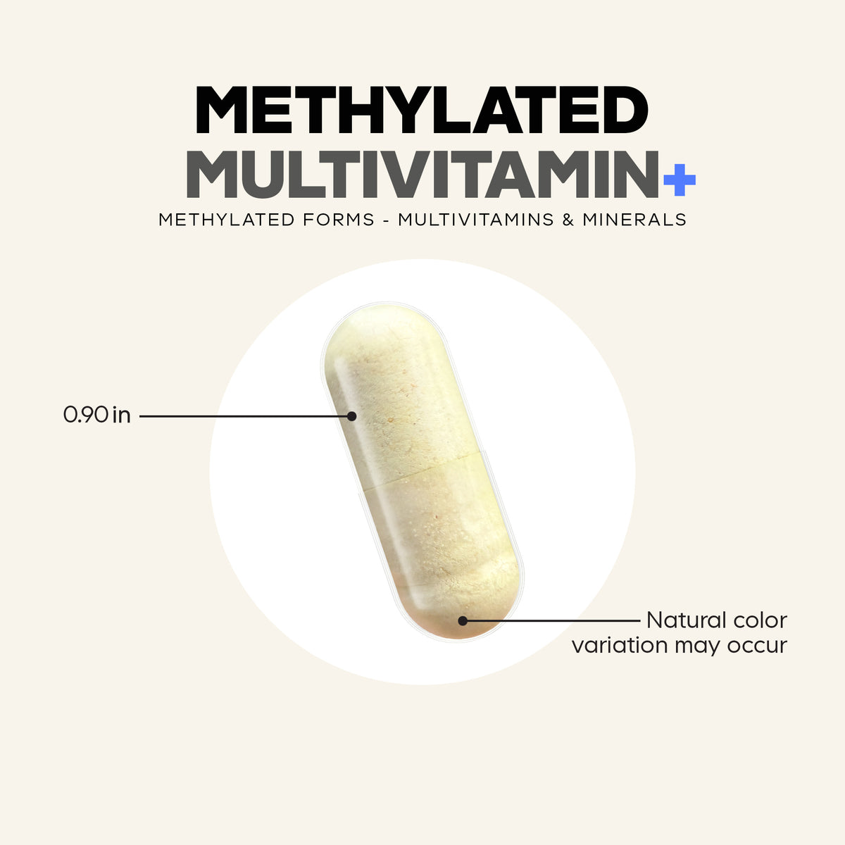 A transparent capsule containing a yellowish powder is shown against a light background, with text indicating its size of 0.90 inches and a note about potential natural color variations.