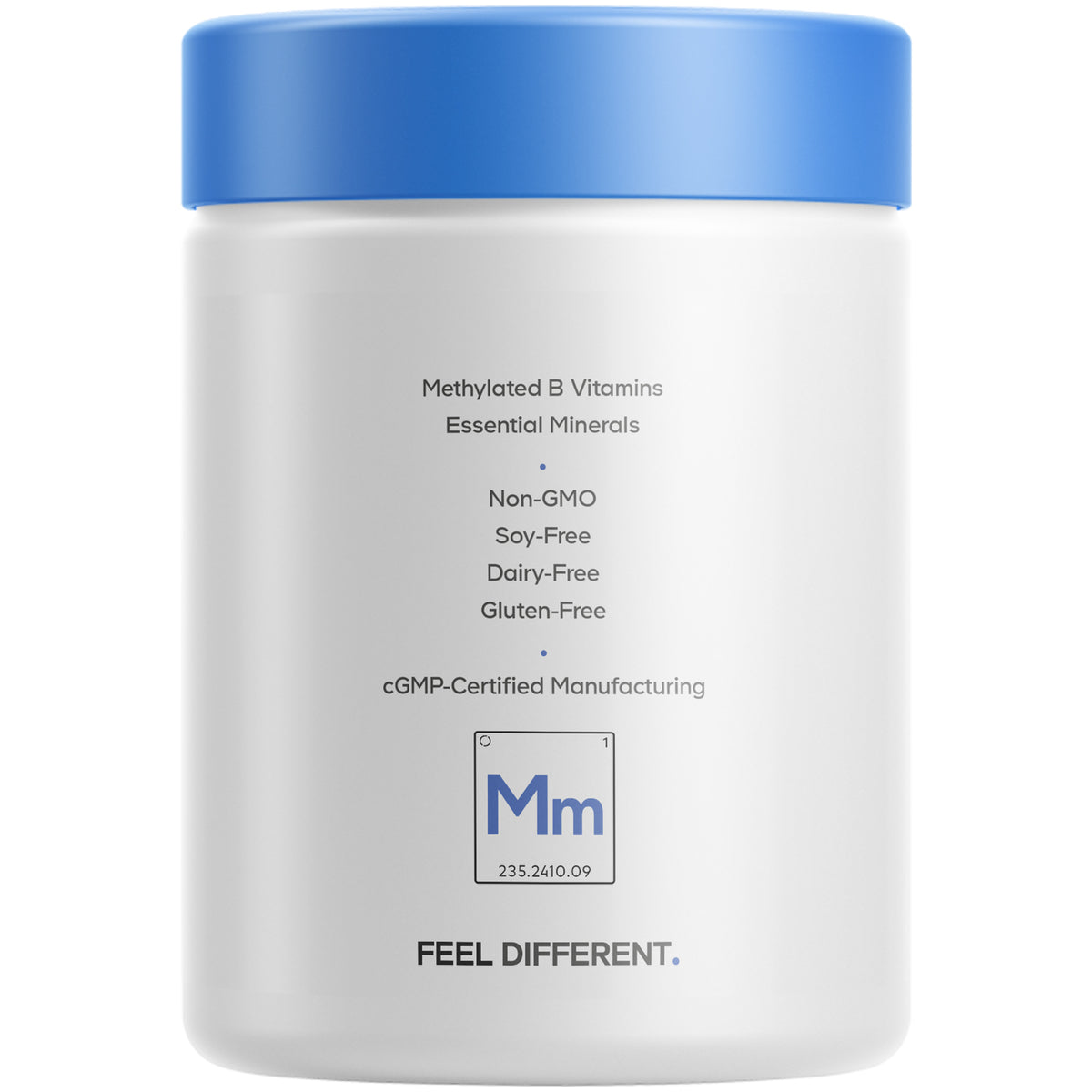 A white container with a blue lid displays information about methylated B vitamins and essential minerals, highlighting that it is non-GMO, soy-free, dairy-free, gluten-free, and cGMP-certified.