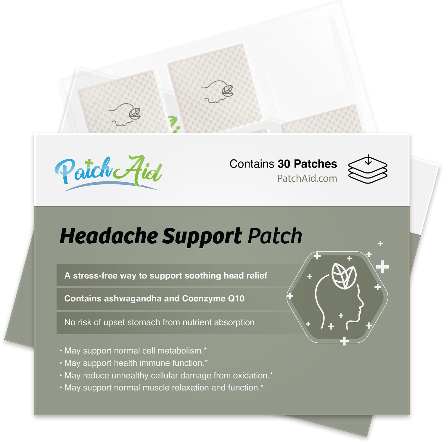 A package of PatchAid Headache Support Patches is displayed, featuring a green label with product details, including ingredients like ashwagandha, and claims about health benefits.