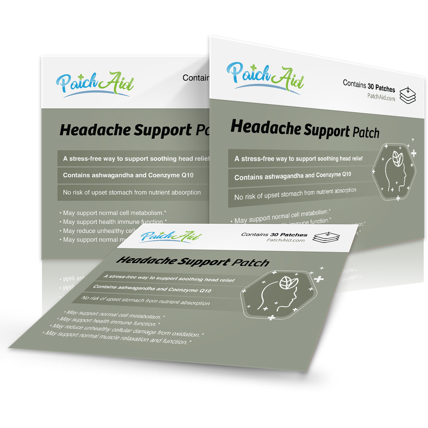 Three packaging designs for PatchAid's Headache Support Patch are displayed, featuring product details, benefits, and ingredients like ashwagandha and Coenzyme Q10, emphasizing stress-free headache relief.