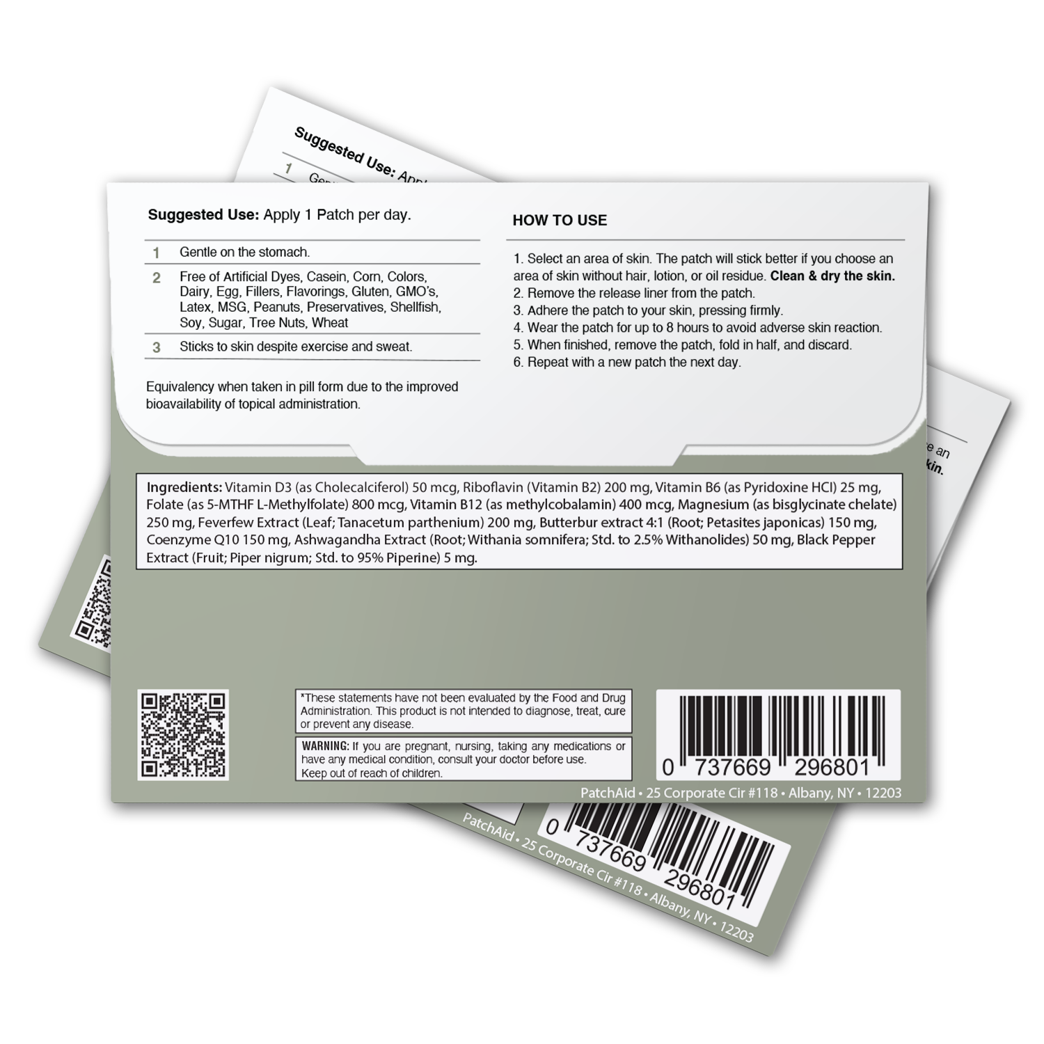 A product packaging featuring detailed instructions and ingredients for a topical patch, including suggested use, application steps, and a warning about health considerations.
