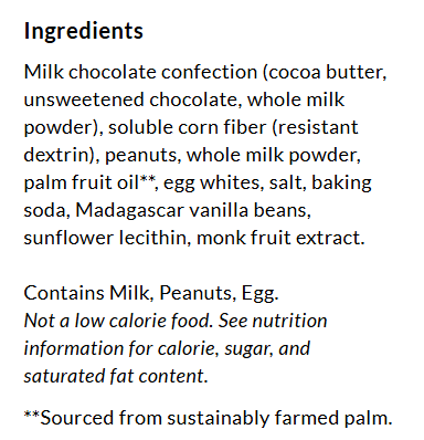 A list of ingredients for a milk chocolate confection, including cocoa butter, peanuts, and egg whites, with notes on allergens and nutritional information.
