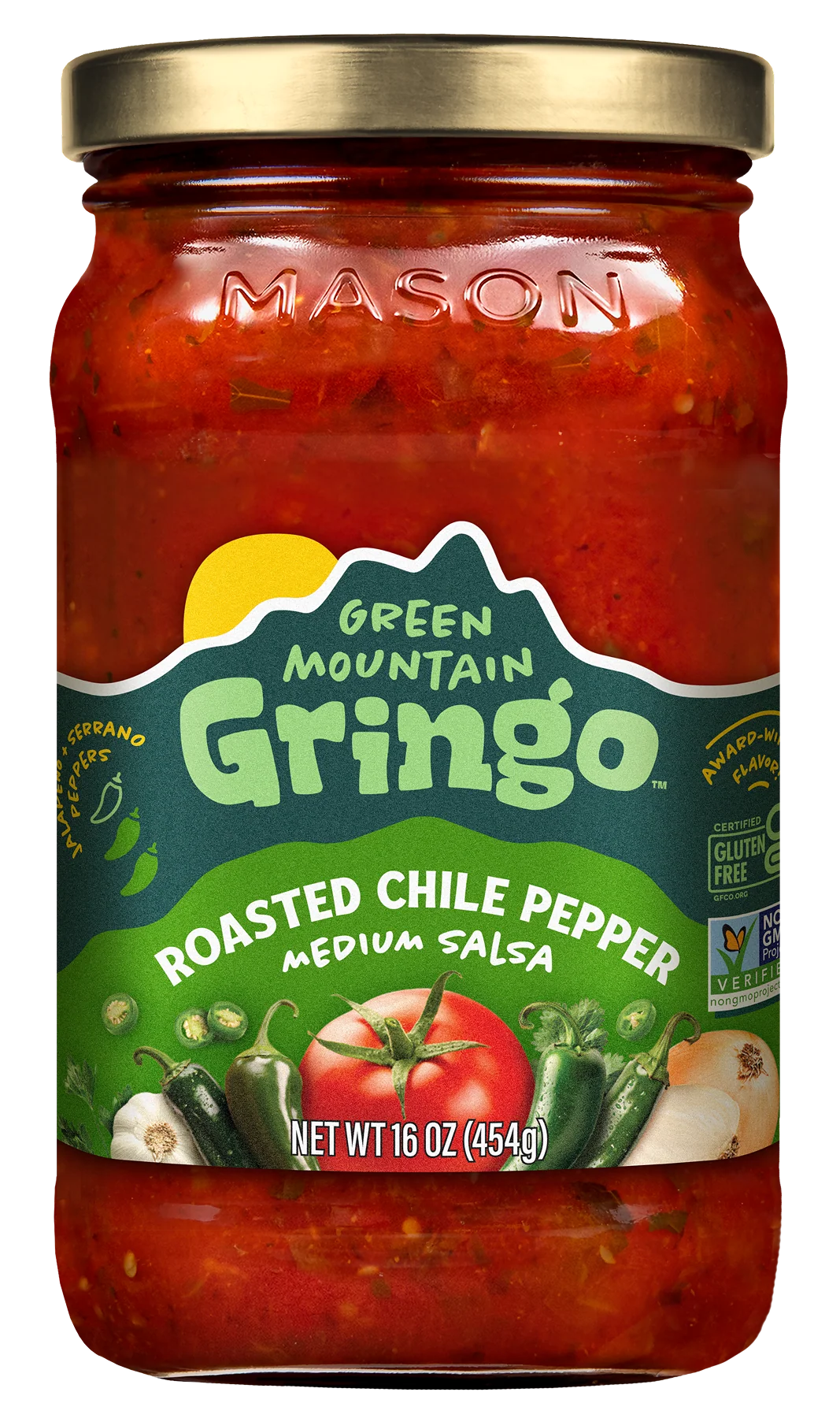 A glass jar of Green Mountain Gringo medium salsa is filled with a vibrant red mixture, featuring ingredients like tomatoes and peppers, with a gold lid and a colorful label highlighting its flavor.