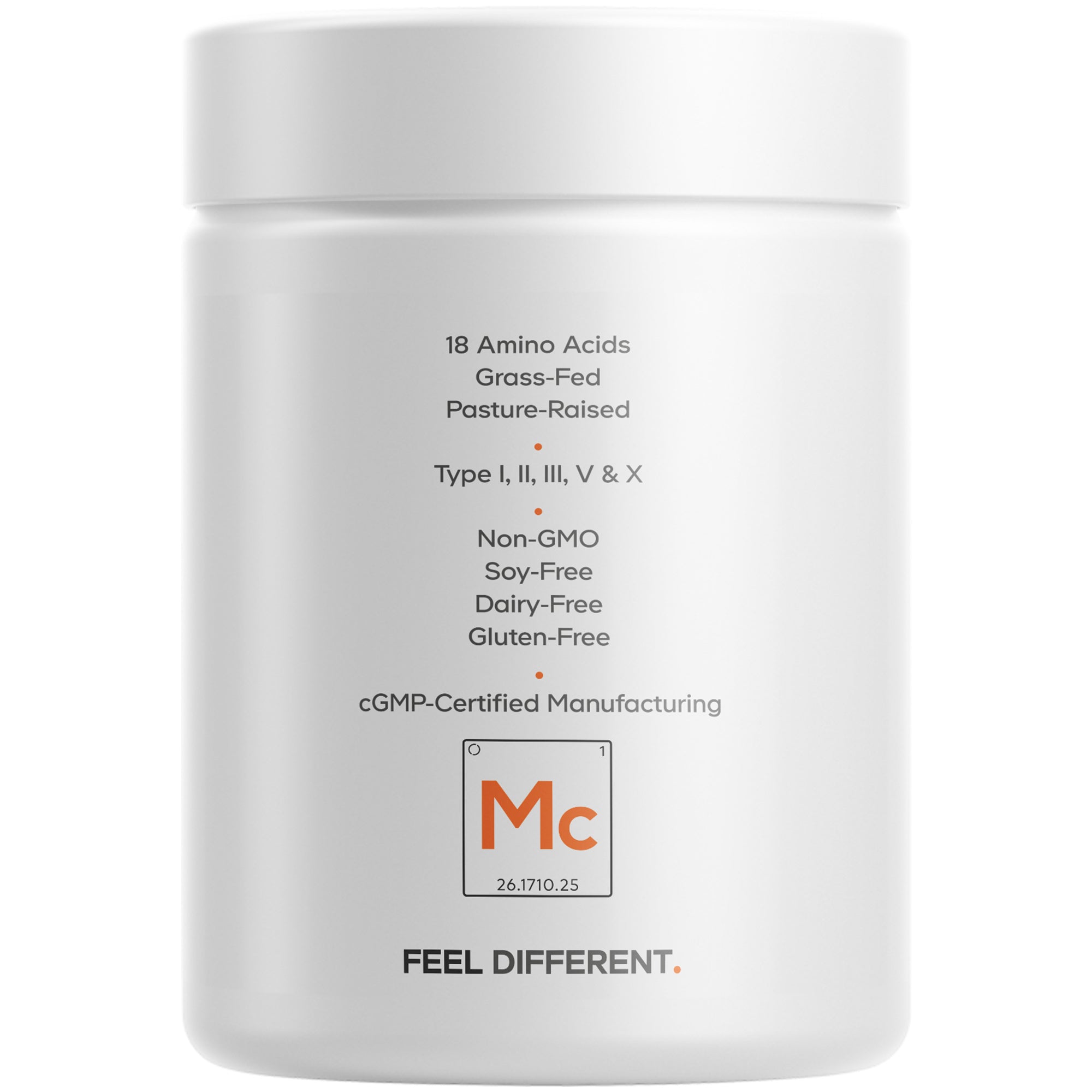 A white container labeled with product details, including "18 Amino Acids," "Grass-Fed," and "Non-GMO," emphasizes its features like being dairy-free and gluten-free, with a logo at the bottom.