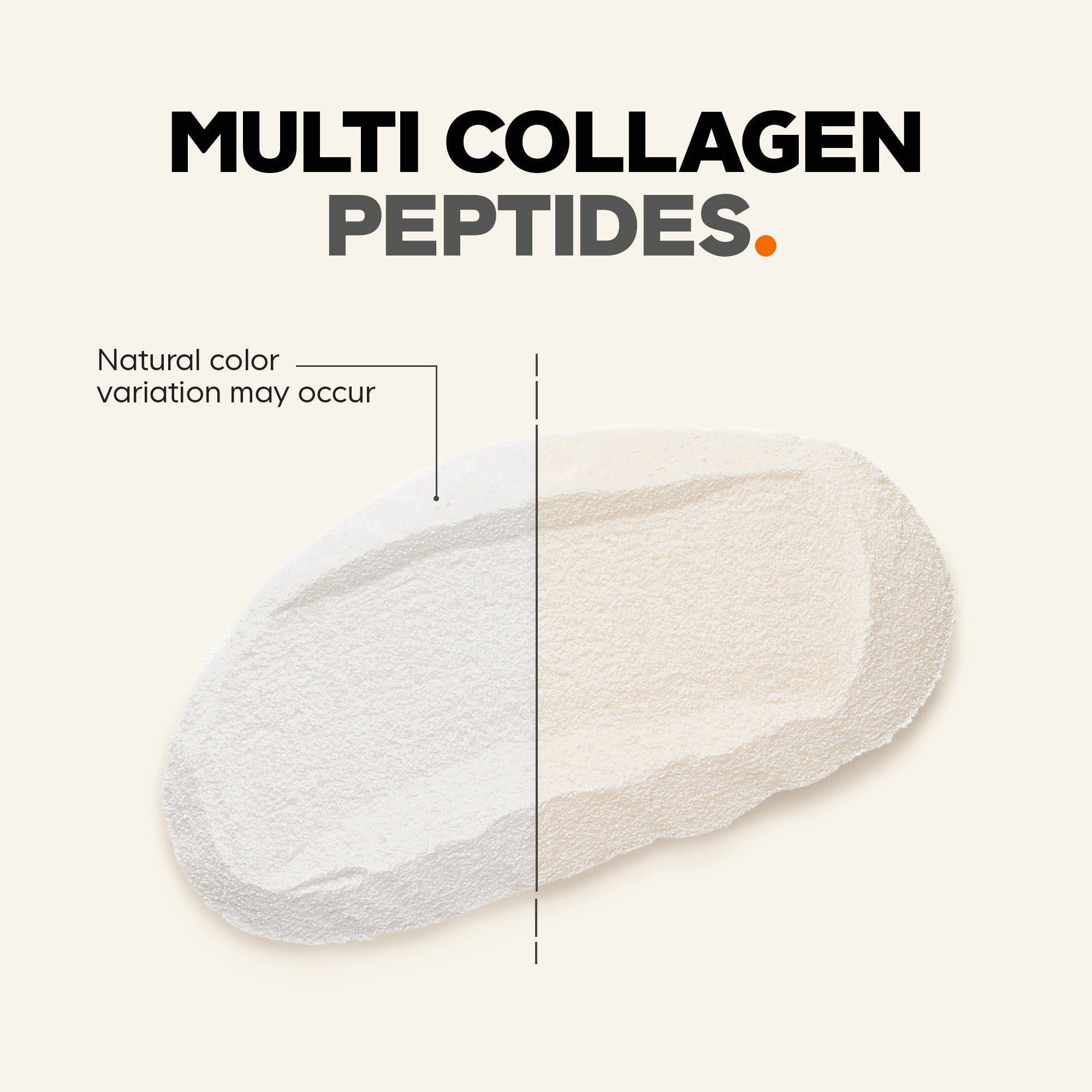 A textured scoop of multi-collagen peptides powder is displayed on a light background, with a note indicating that natural color variation may occur.