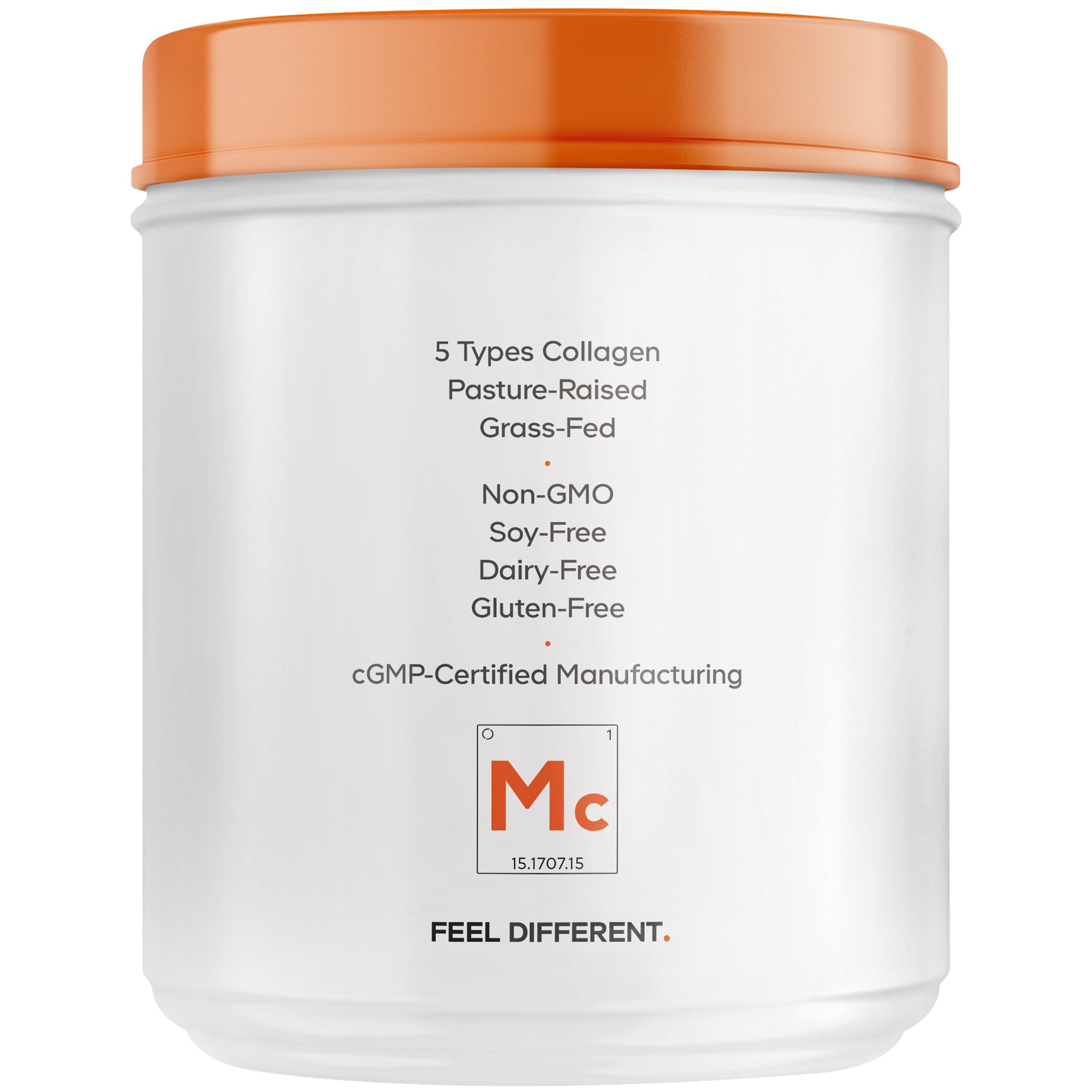 A white container with an orange lid displays information about a collagen supplement, highlighting features like "5 Types Collagen," "Non-GMO," and "Gluten-Free," along with a branding logo and tagline.