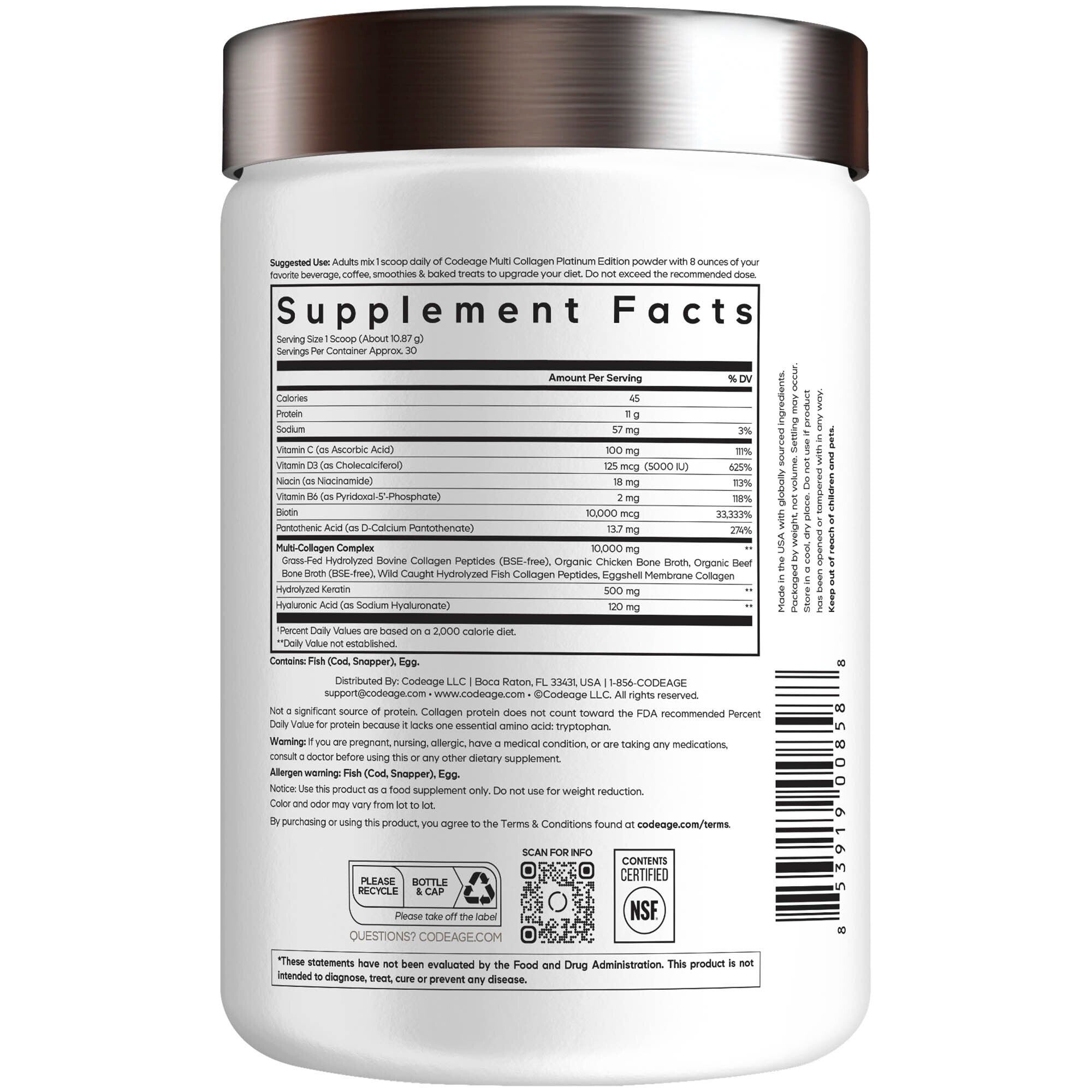 Multi Collagen Peptides Powder with Biotin Keratin Hyaluronic Acid for Hair Skin Nails & Joints by Codeage