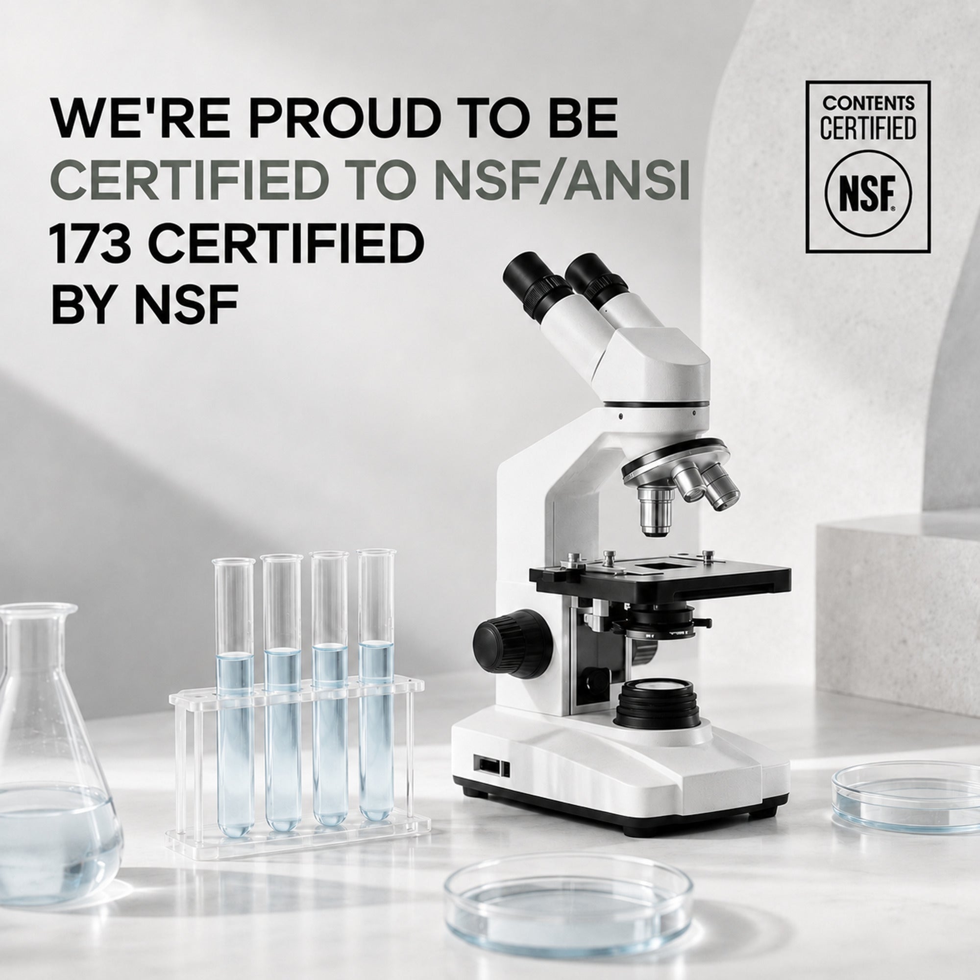 A white microscope is positioned on a light-colored surface beside test tubes filled with blue liquid, with text highlighting its NSF/ANSI certification.
