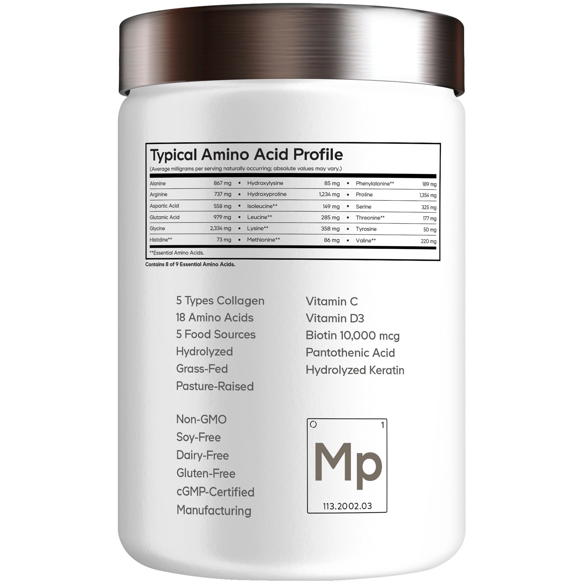 A white container labeled "Typical Amino Acid Profile" displays detailed nutritional information, including amino acid content, vitamins, and product certifications like non-GMO and gluten-free.
