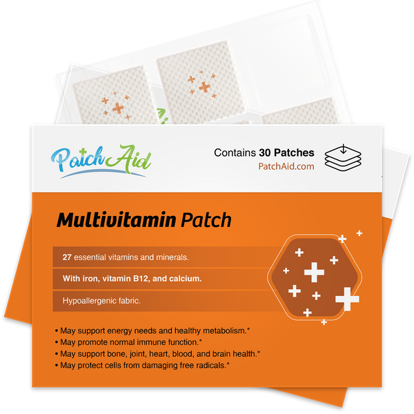 A multivitamin patch package displays 30 patches, highlighting essential vitamins and minerals, including iron and calcium, with notes on health benefits and hypoallergenic fabric.
