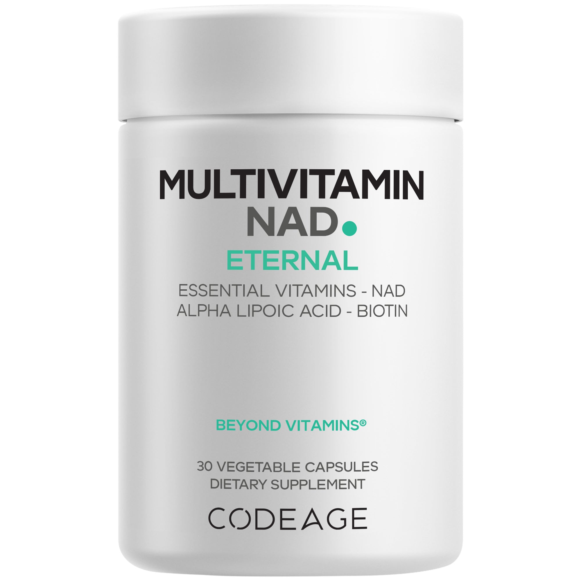 A white container labeled "Multivitamin NAD Eternal" contains 30 vegetable capsules, highlighting essential vitamins, alpha lipoic acid, and biotin, with a sleek, modern design.