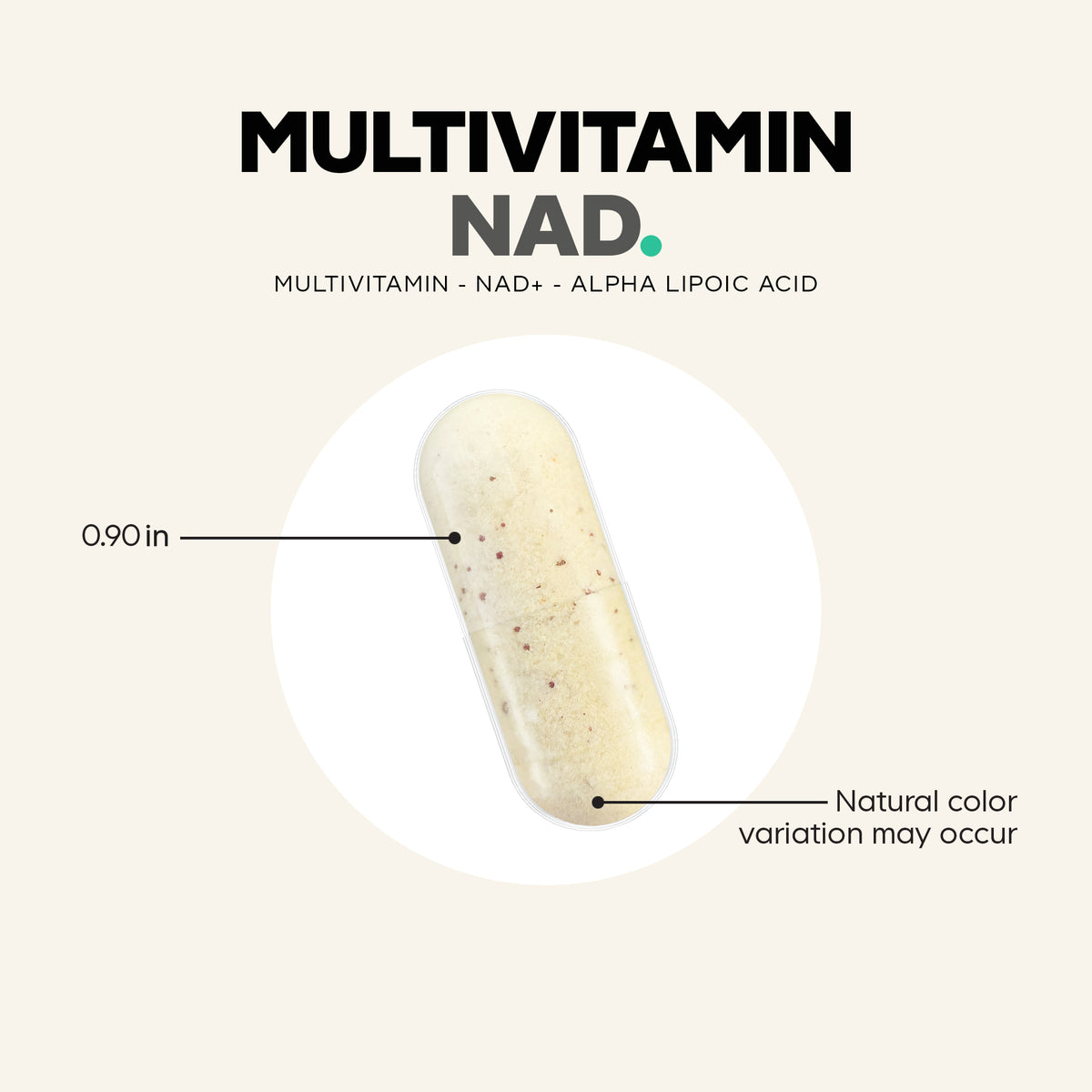 A beige multivitamin capsule with specks is displayed against a light background, labeled with its size of 0.90 inches and a note about potential natural color variation.