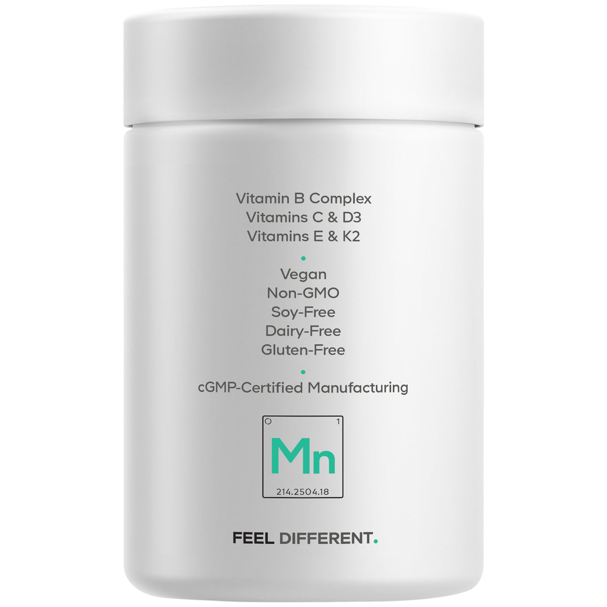 A white container of Vitamin B Complex supplements displays labels highlighting key ingredients like Vitamins C, D3, E, and K2, along with dietary certifications such as vegan and gluten-free.