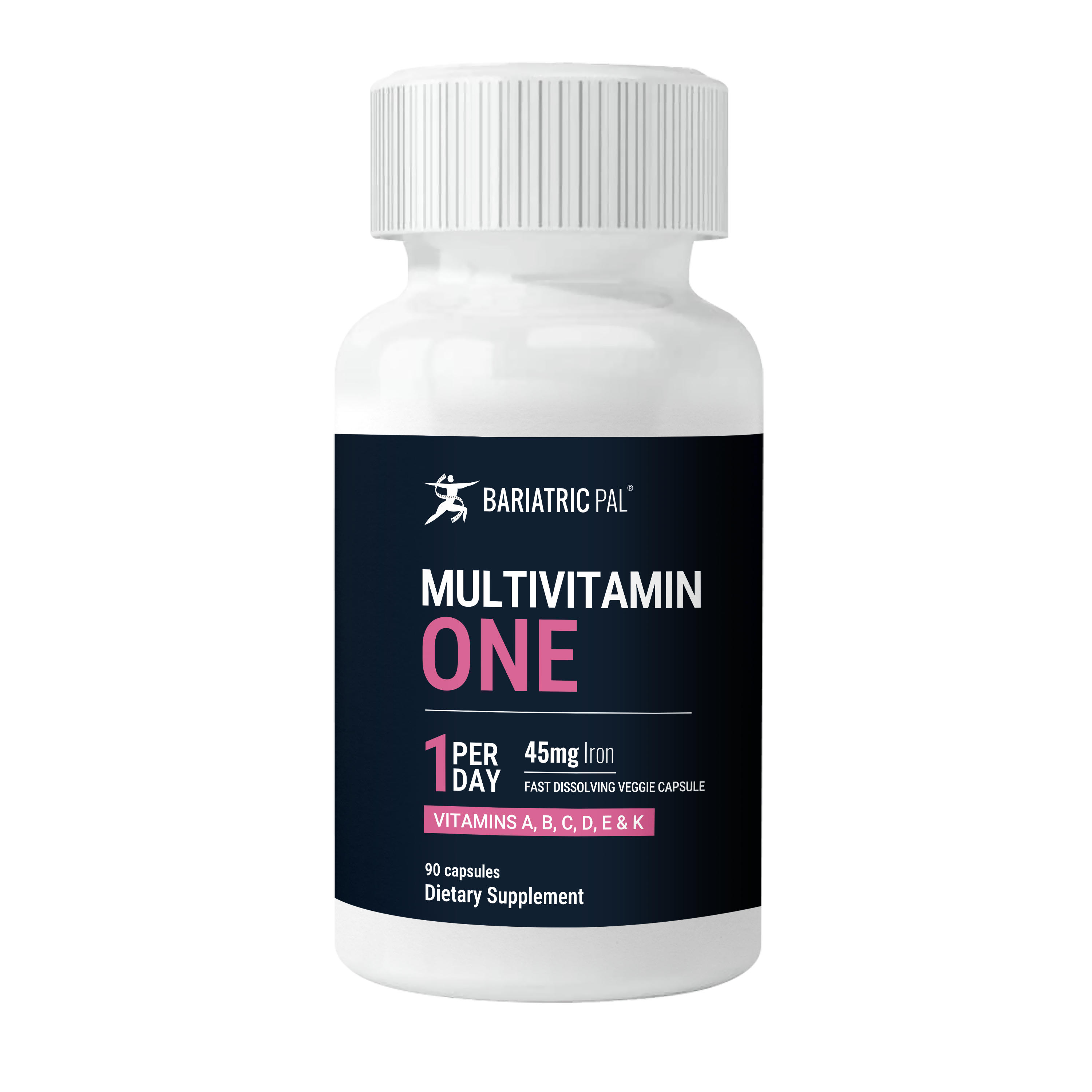 BariatricPal Multivitamin ONE fast‑dissolving veggie capsules with 45mg iron, 90 count.